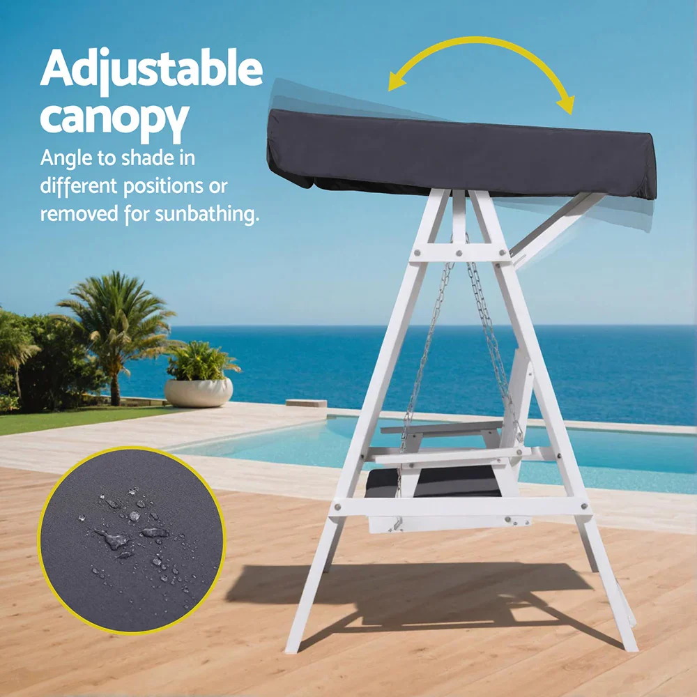 Outdoor Wooden Swing Chair Garden Bench Canopy Cushion 3 Seater White - Image 3