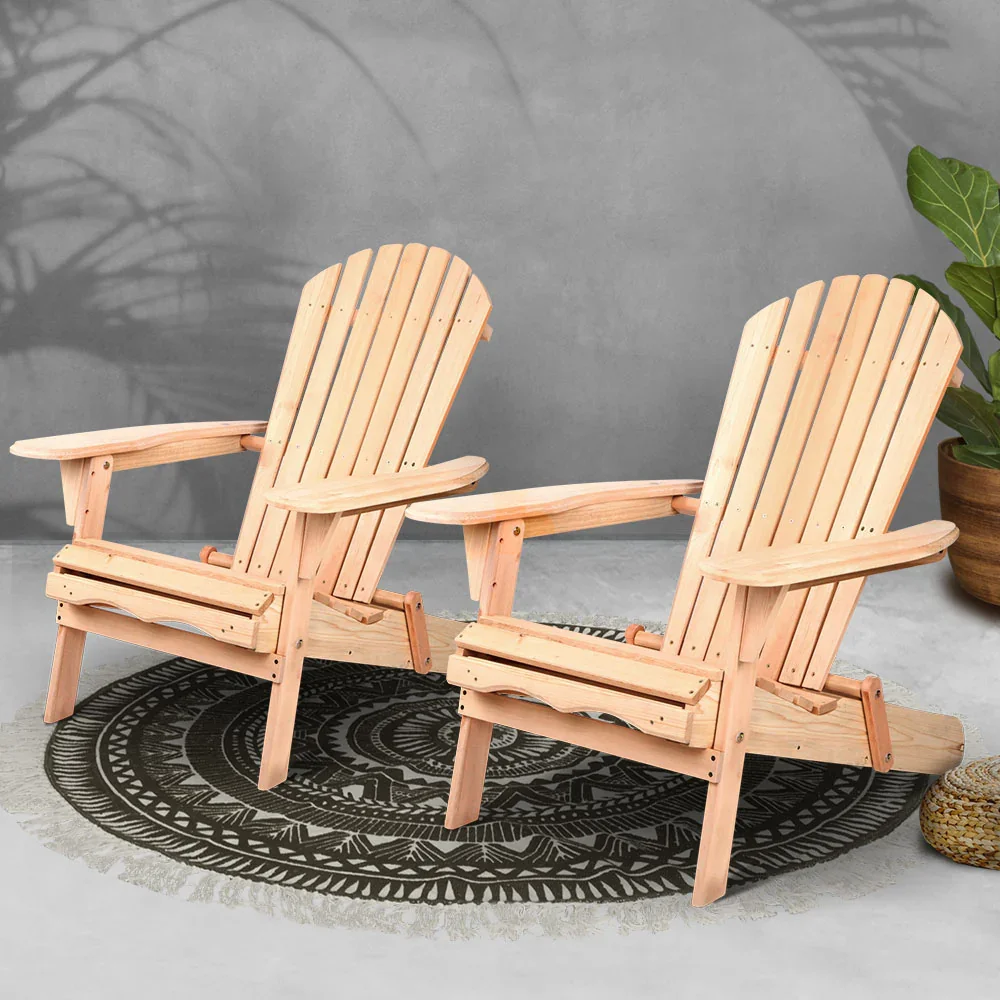 Adirondack Outdoor Chairs Wooden Beach Chair Patio Furniture Garden Natural Set of 2 - Image 7