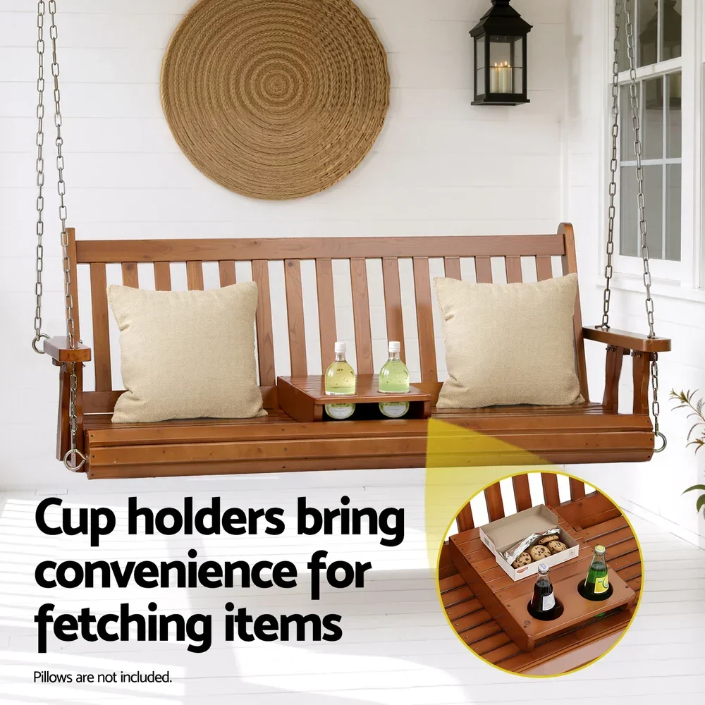 Porch Outdoor Swing Chair Patio Furniture Wooden Bench 2 Seat Cup Holder - Image 3