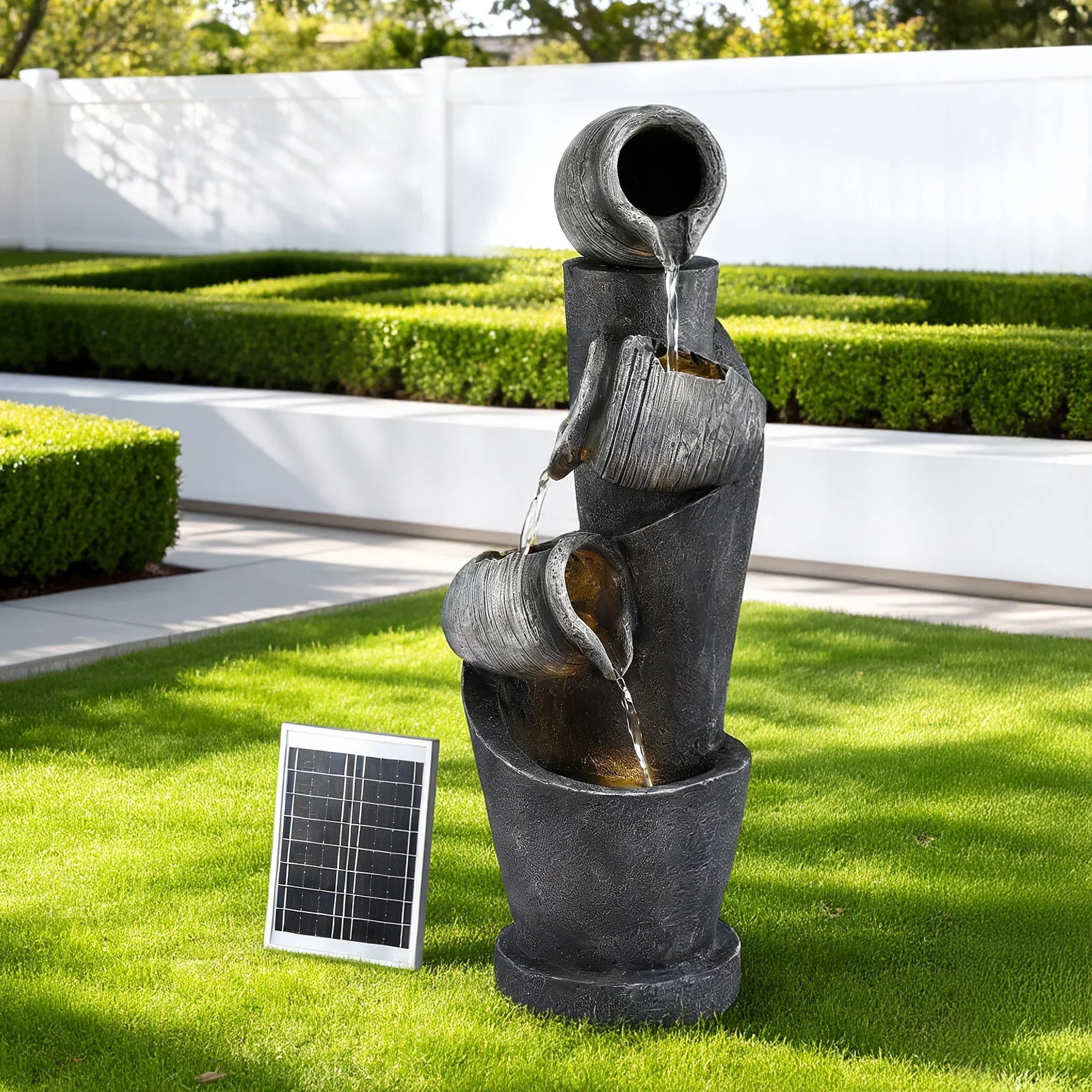 Solar Fountain Water Feature Cascading Fountain 3-Tier Pot LED Lights 80CM Grey