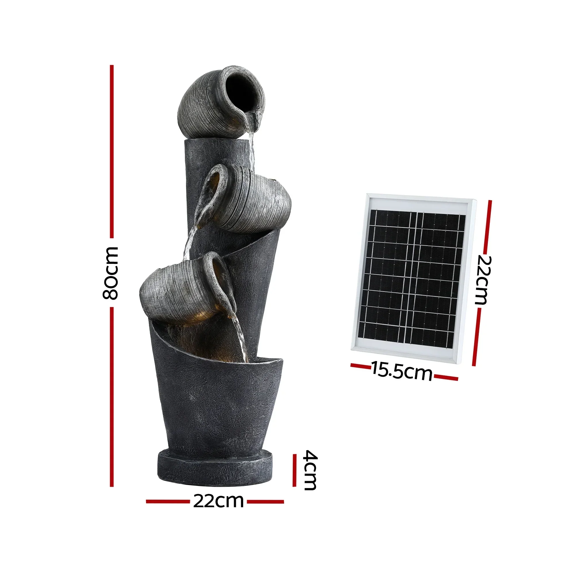 Solar Fountain Water Feature Cascading Fountain 3-Tier Pot LED Lights 80CM Grey - Image 2