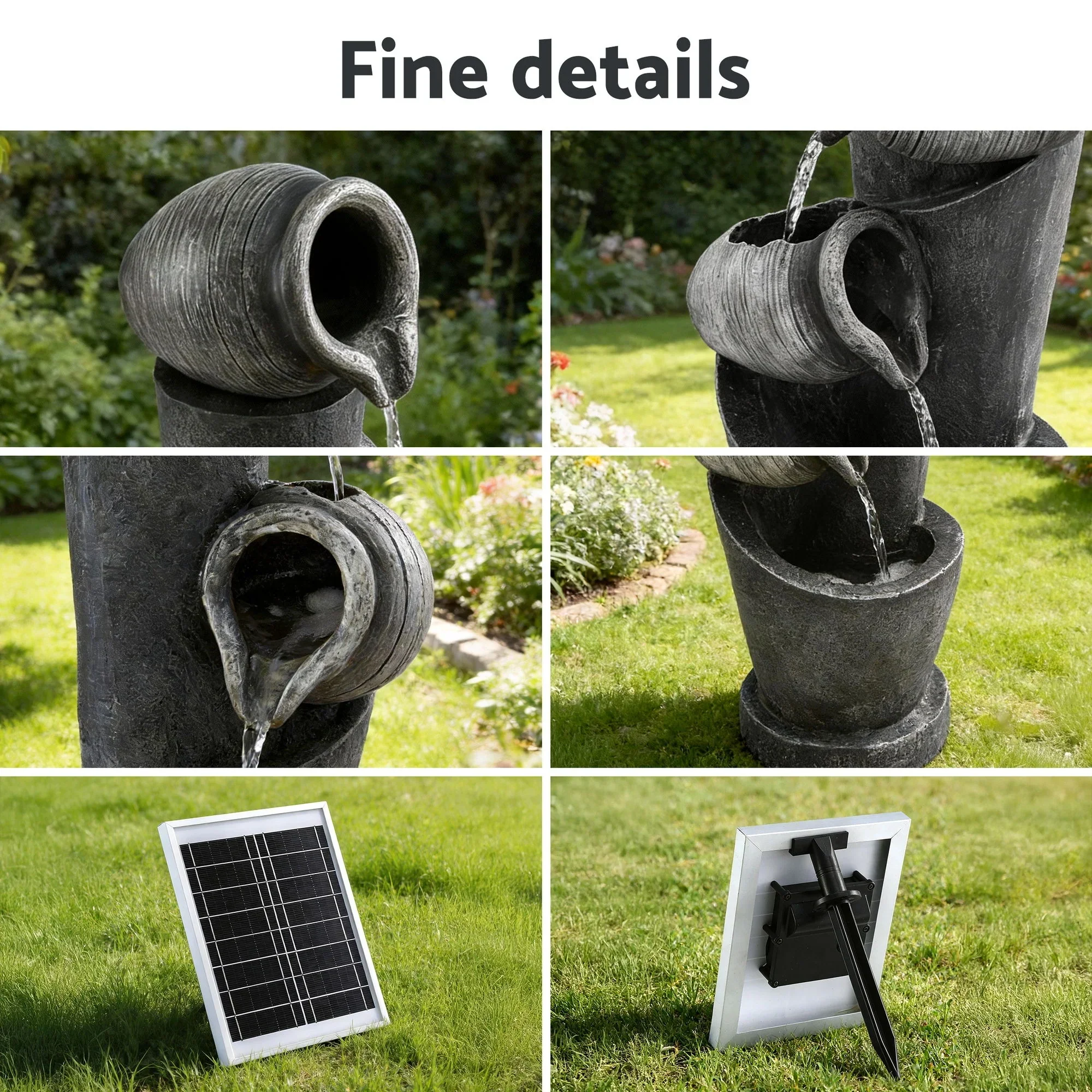 Solar Fountain Water Feature Cascading Fountain 3-Tier Pot LED Lights 80CM Grey - Image 6
