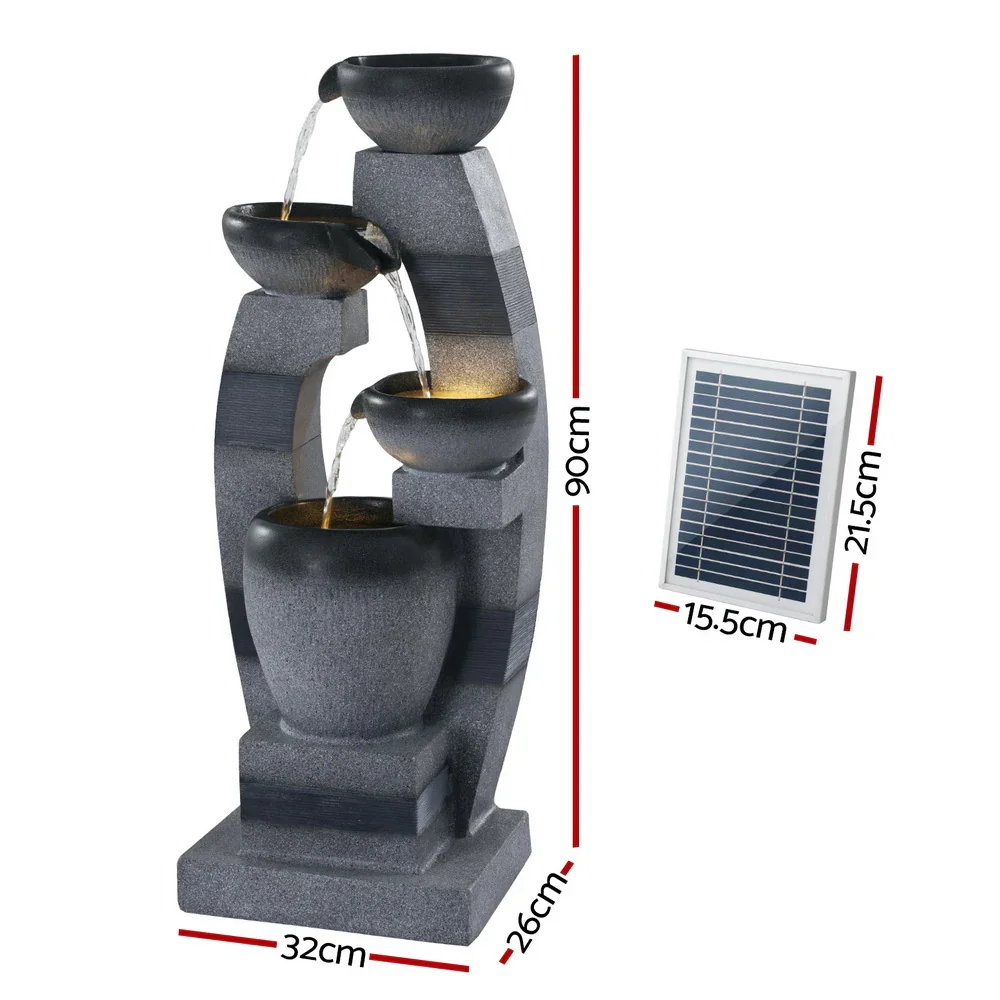 Solar Fountain Water Feature Outdoor Fountain Indoor 3-Tier Bowl Cascading Grey - Image 2