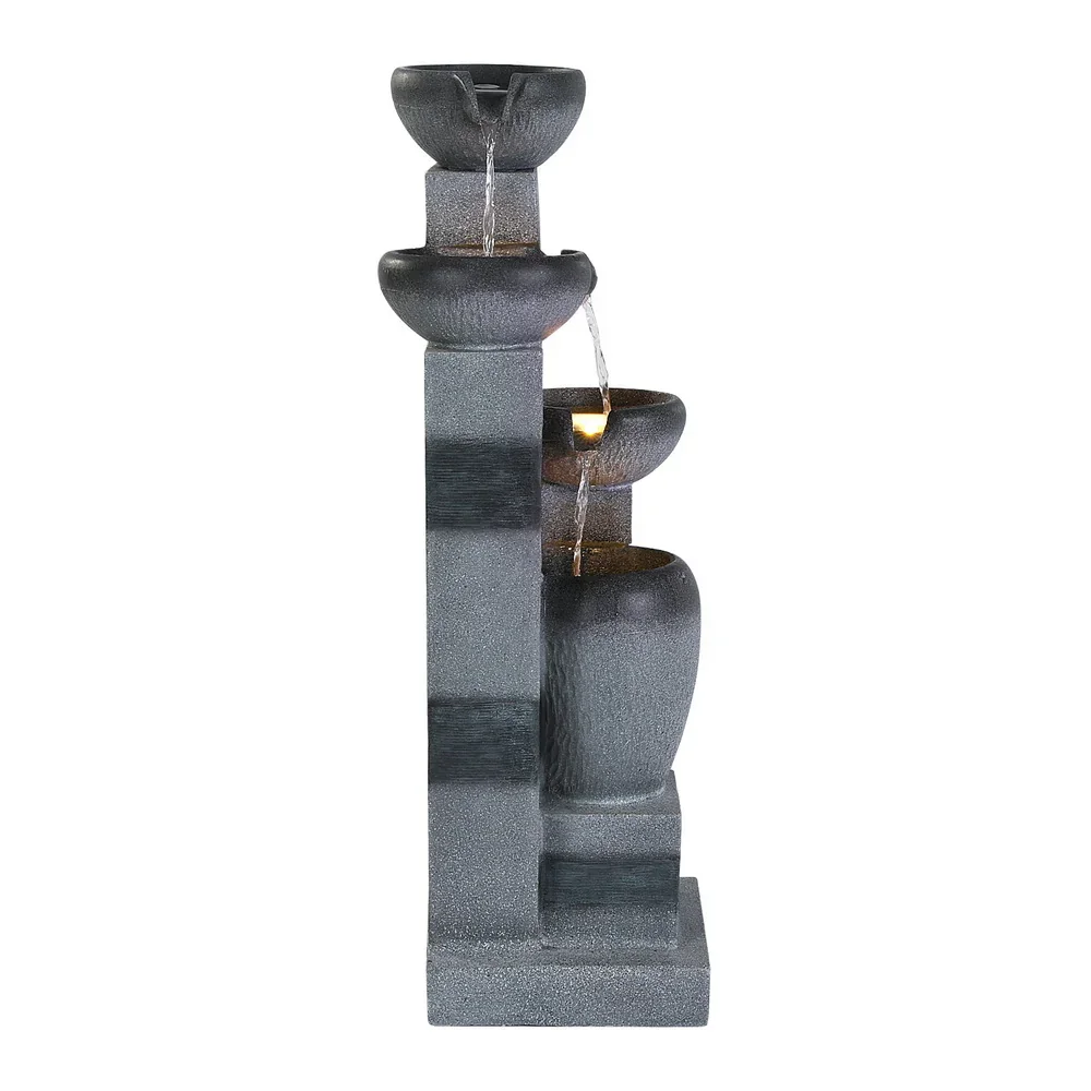 Solar Fountain Water Feature Outdoor Fountain Indoor 3-Tier Bowl Cascading Grey - Image 4