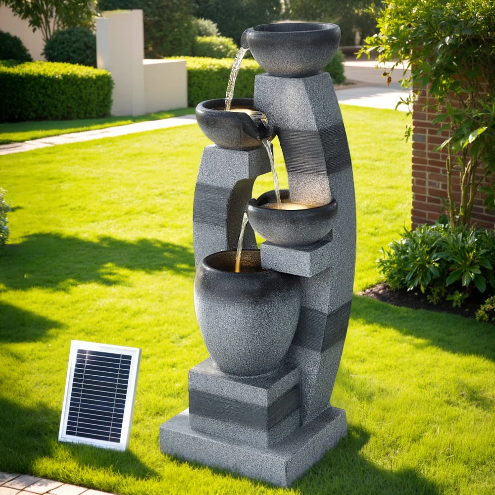Solar Fountain Water Feature Outdoor Fountain Indoor 3-Tier Bowl Cascading Grey - Image 8