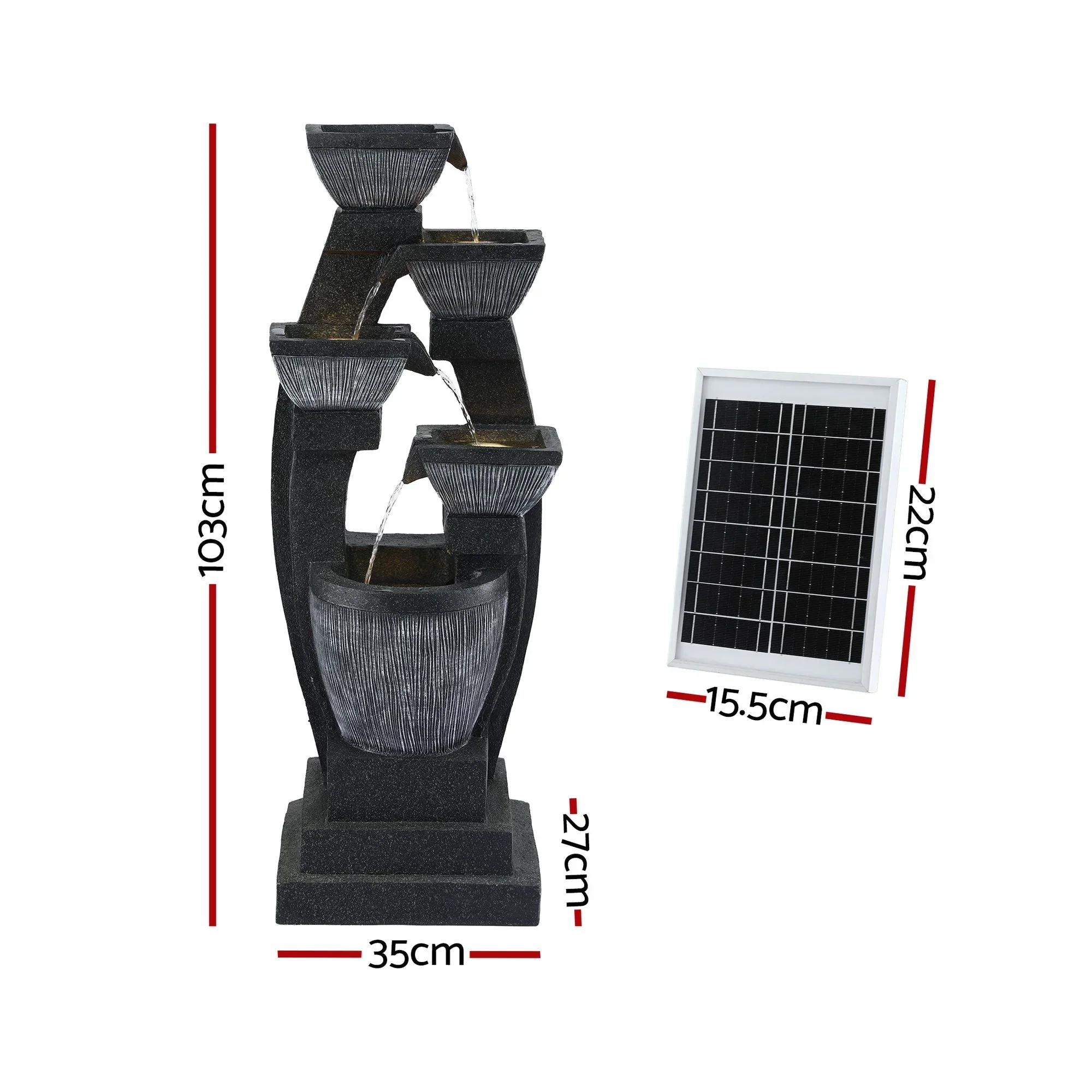 Solar Fountain Water Feature Outdoor Fountain Indoor 5-Tier Bowl Cascading Grey - Image 2