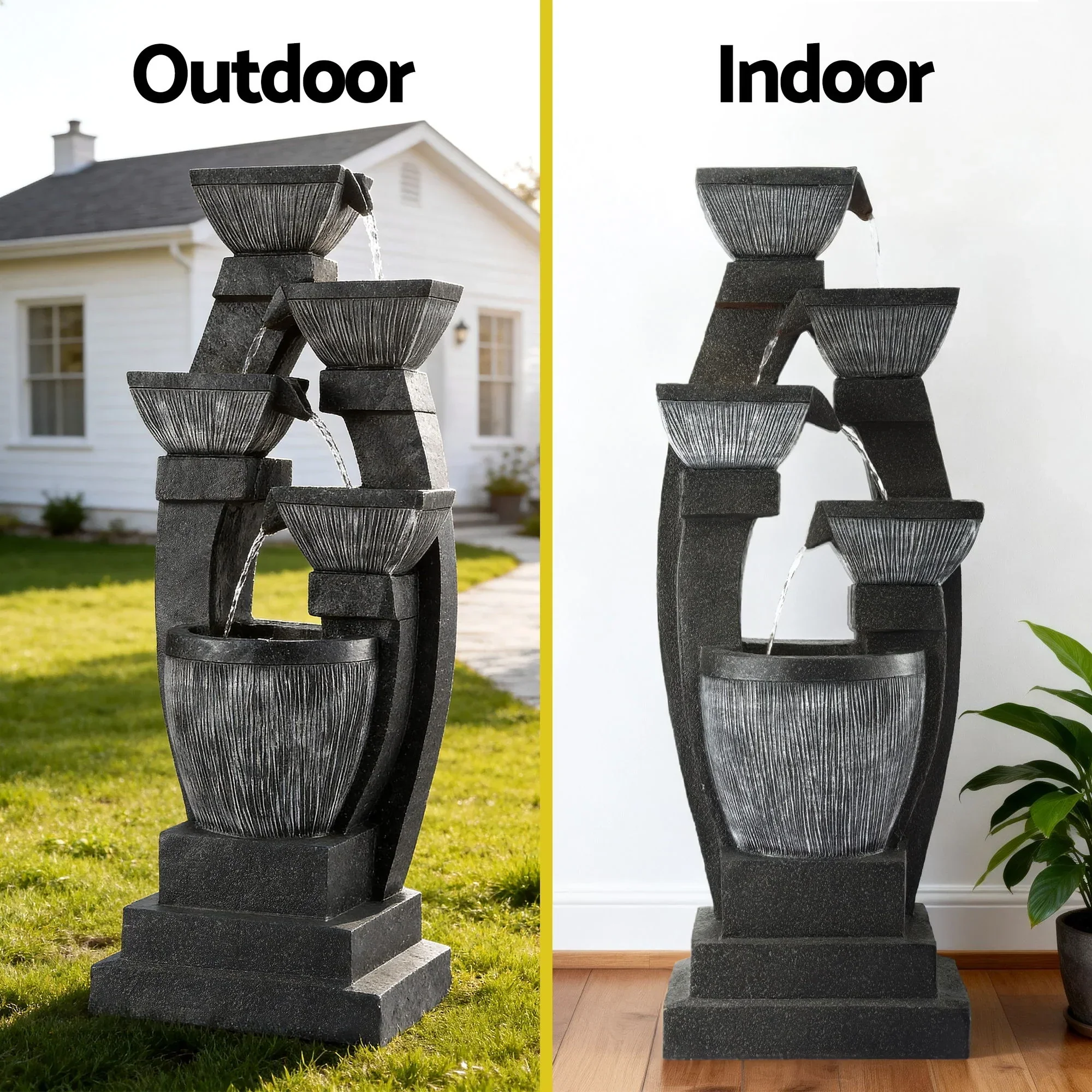 Solar Fountain Water Feature Outdoor Fountain Indoor 5-Tier Bowl Cascading Grey - Image 4