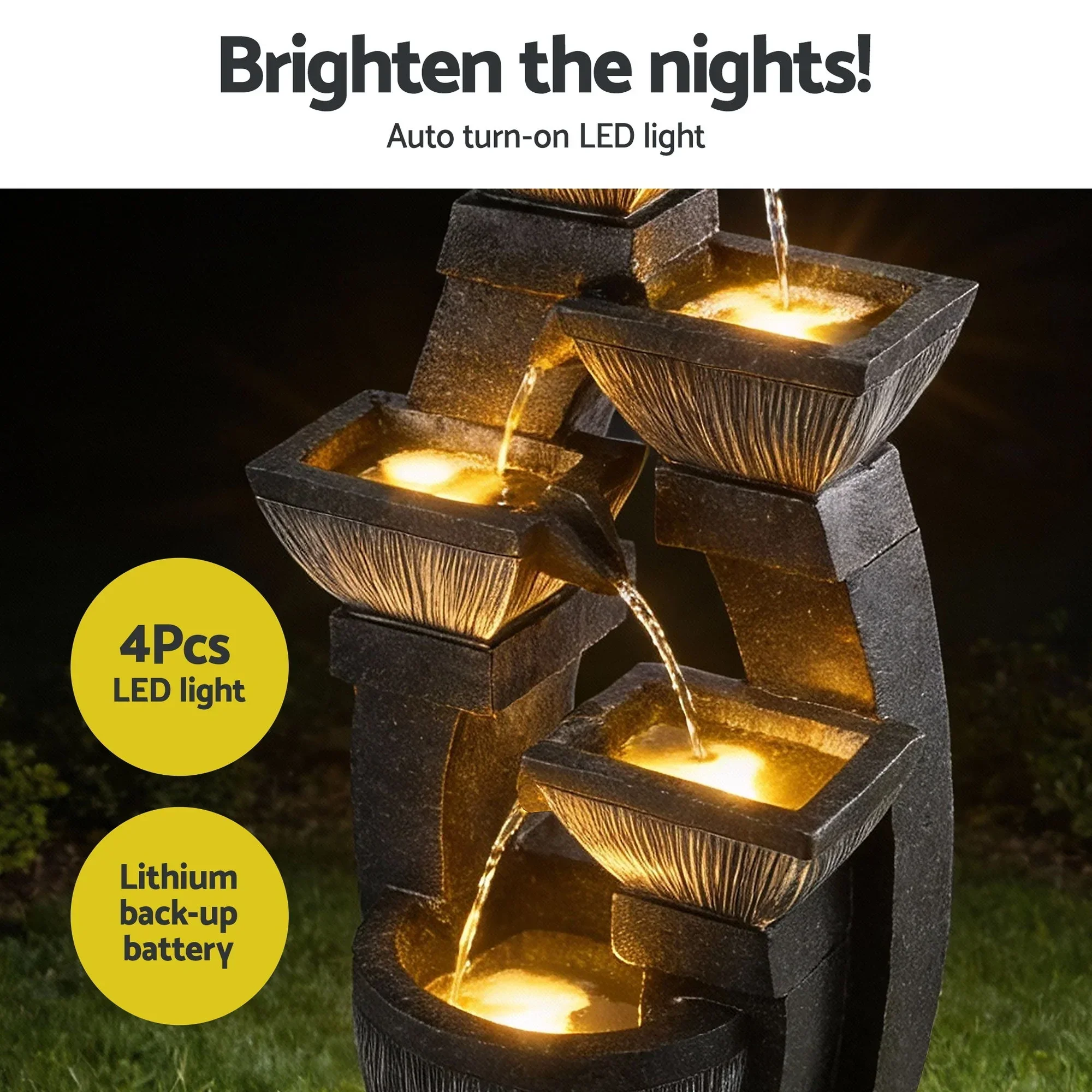Solar Fountain Water Feature Outdoor Fountain Indoor 5-Tier Bowl Cascading Grey - Image 5