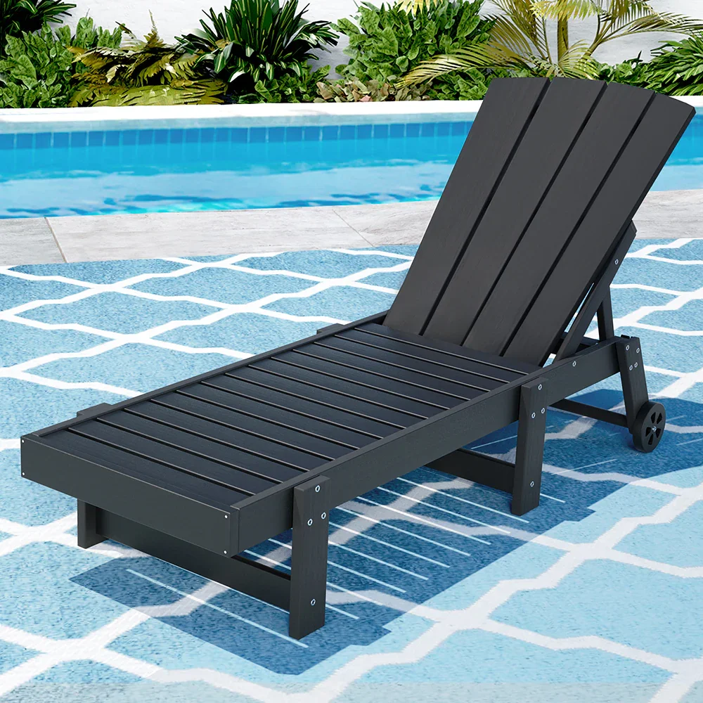 Sun Lounge Beach Chair HDPE Adirondack Lounger Patio Outdoor Furniture with Wheels Black - Image 5