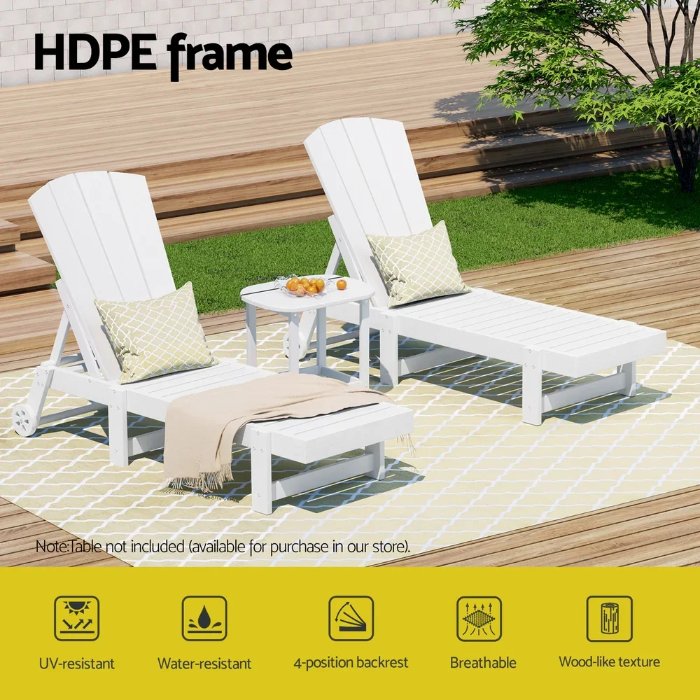 Sun Lounge Beach Chair HDPE Adirondack Lounger Patio Outdoor Furniture with Wheels White - Image 2