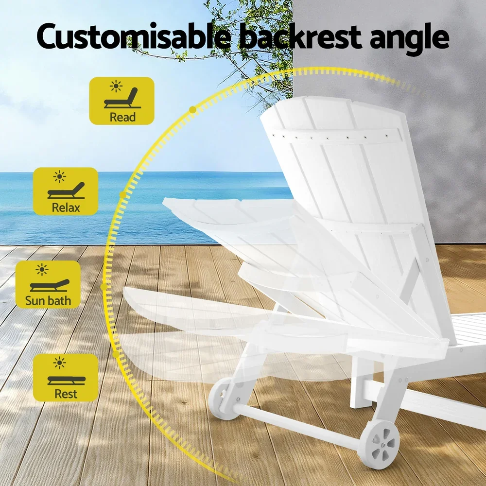 Sun Lounge Beach Chair HDPE Adirondack Lounger Patio Outdoor Furniture with Wheels White - Image 3