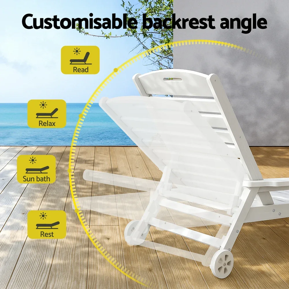 Sun Lounge Lounger Beach Chair HDPE Patio Outdoor Furniture with Wheels White - Image 3