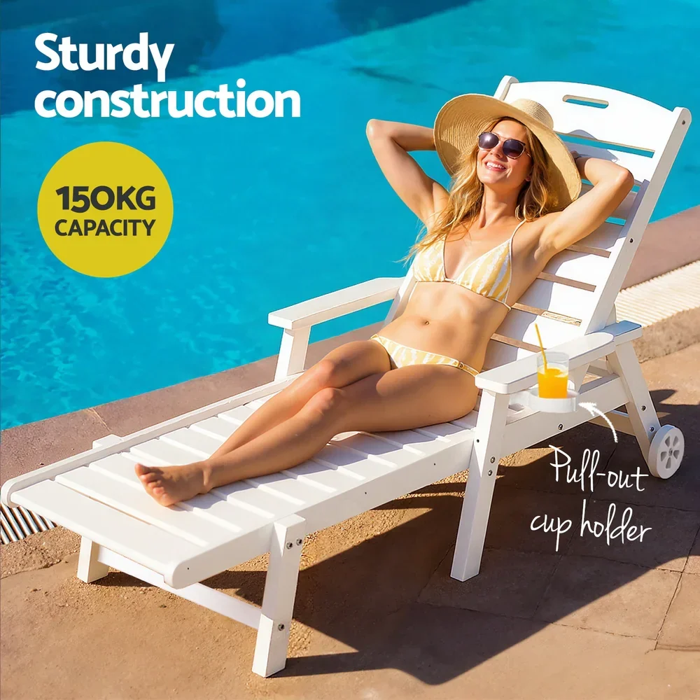 Sun Lounge Lounger Beach Chair HDPE Patio Outdoor Furniture with Wheels White - Image 4