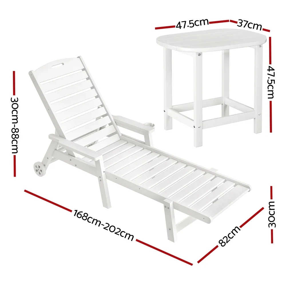 Sun Lounge Lounger Beach Chair HDPE Patio Outdoor Furniture with Wheels White - Image 2