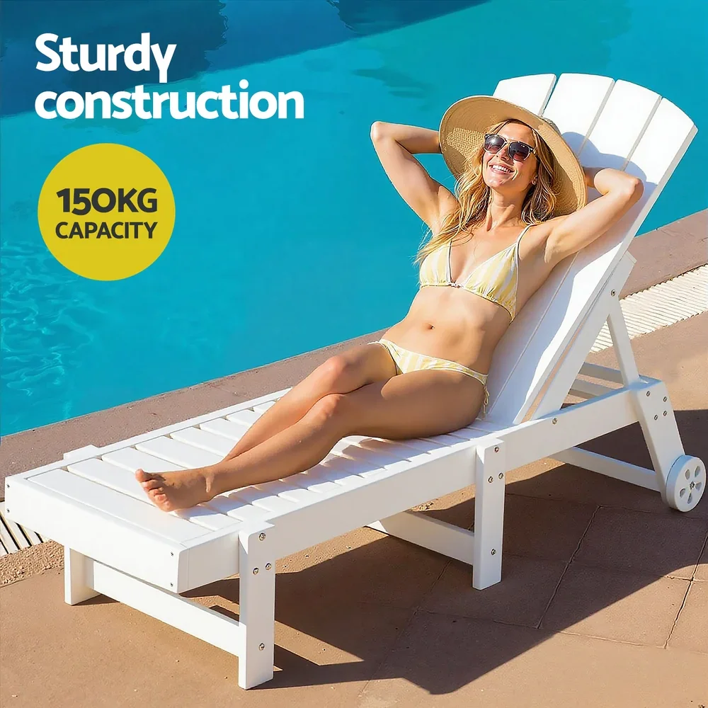 Sun Lounge Lounger Table and Chairs Beach Chair Adirondack HDPE Patio Outdoor Furniture Wheels White - Image 6