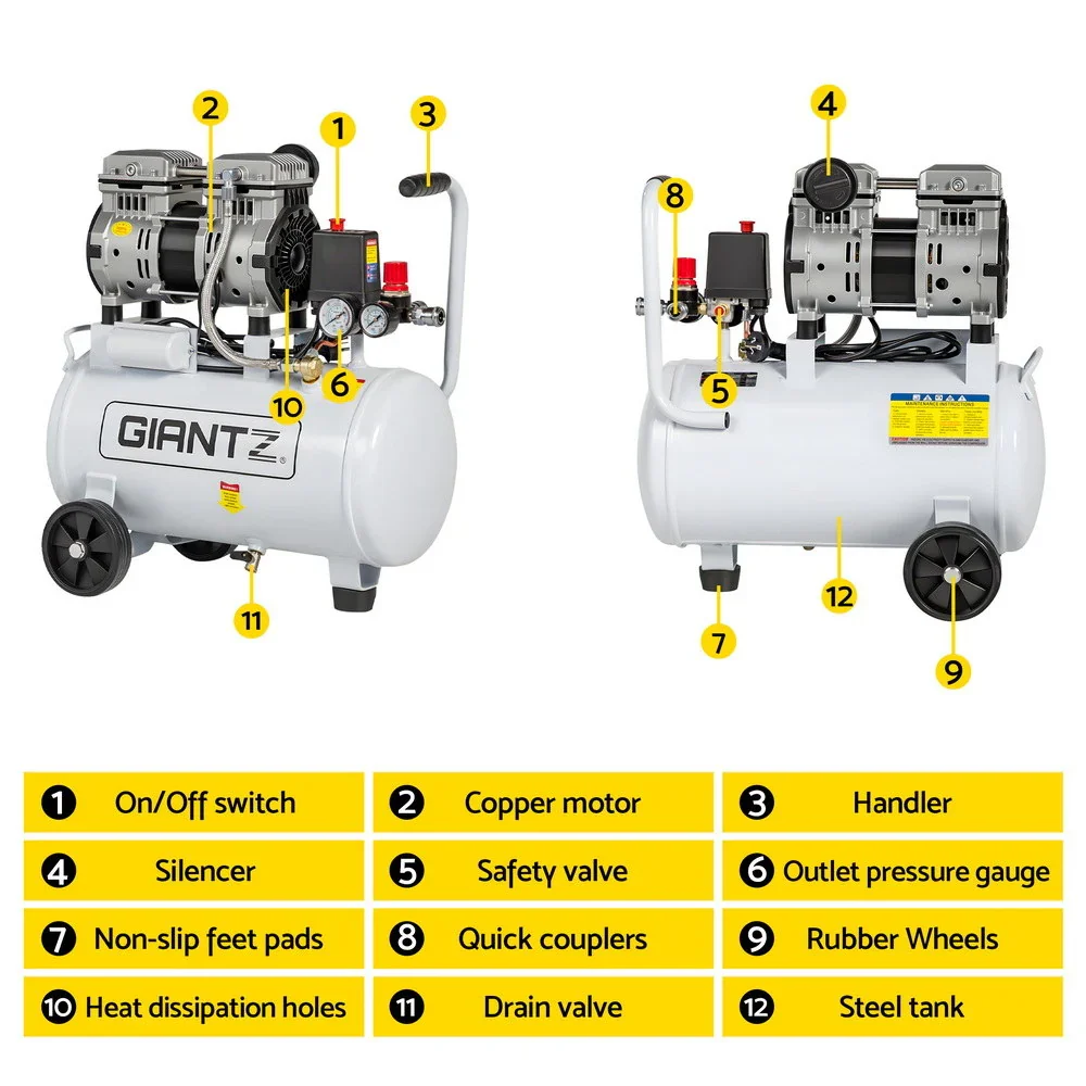 24L Air Compressor Quiet 0.75HP Oil-Free Portable Tyre Inflator 40L/Min - Image 4