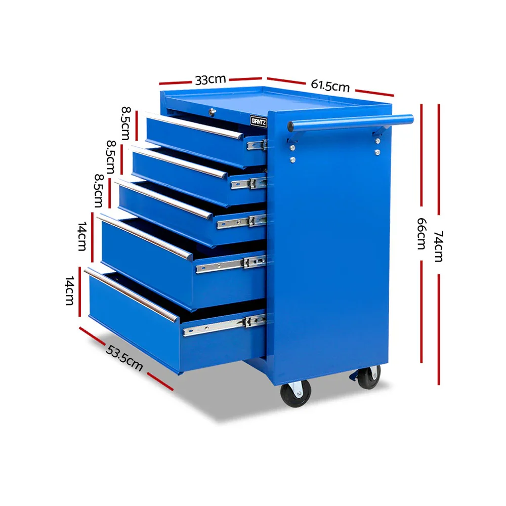 5 Drawer Tool Box Cabinet Chest Trolley Box Garage Storage Toolbox Blue - Image 2