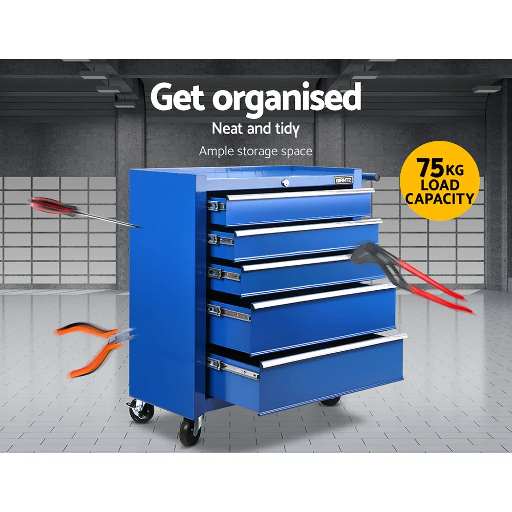 5 Drawer Tool Box Cabinet Chest Trolley Box Garage Storage Toolbox Blue - Image 3