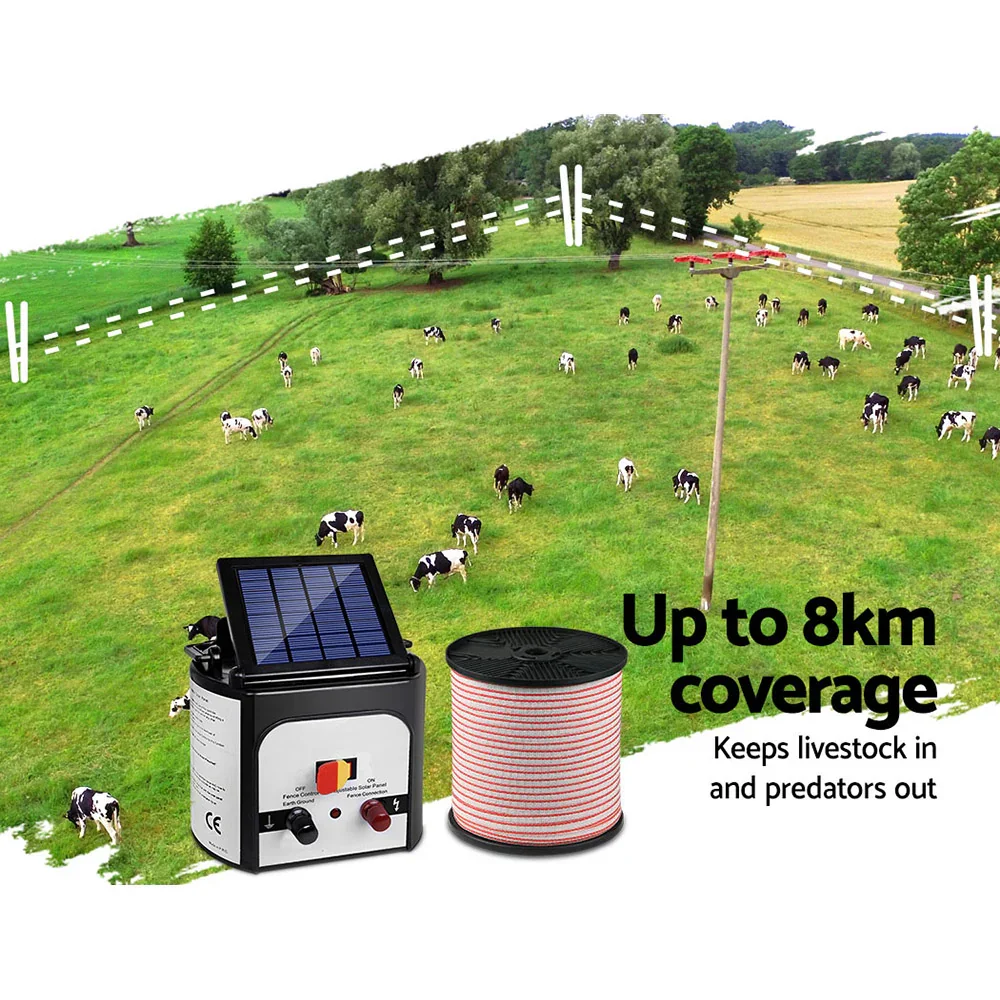 Fence Energiser 8KM Solar Powered Electric 400M Poly Tape Insulator - Image 3