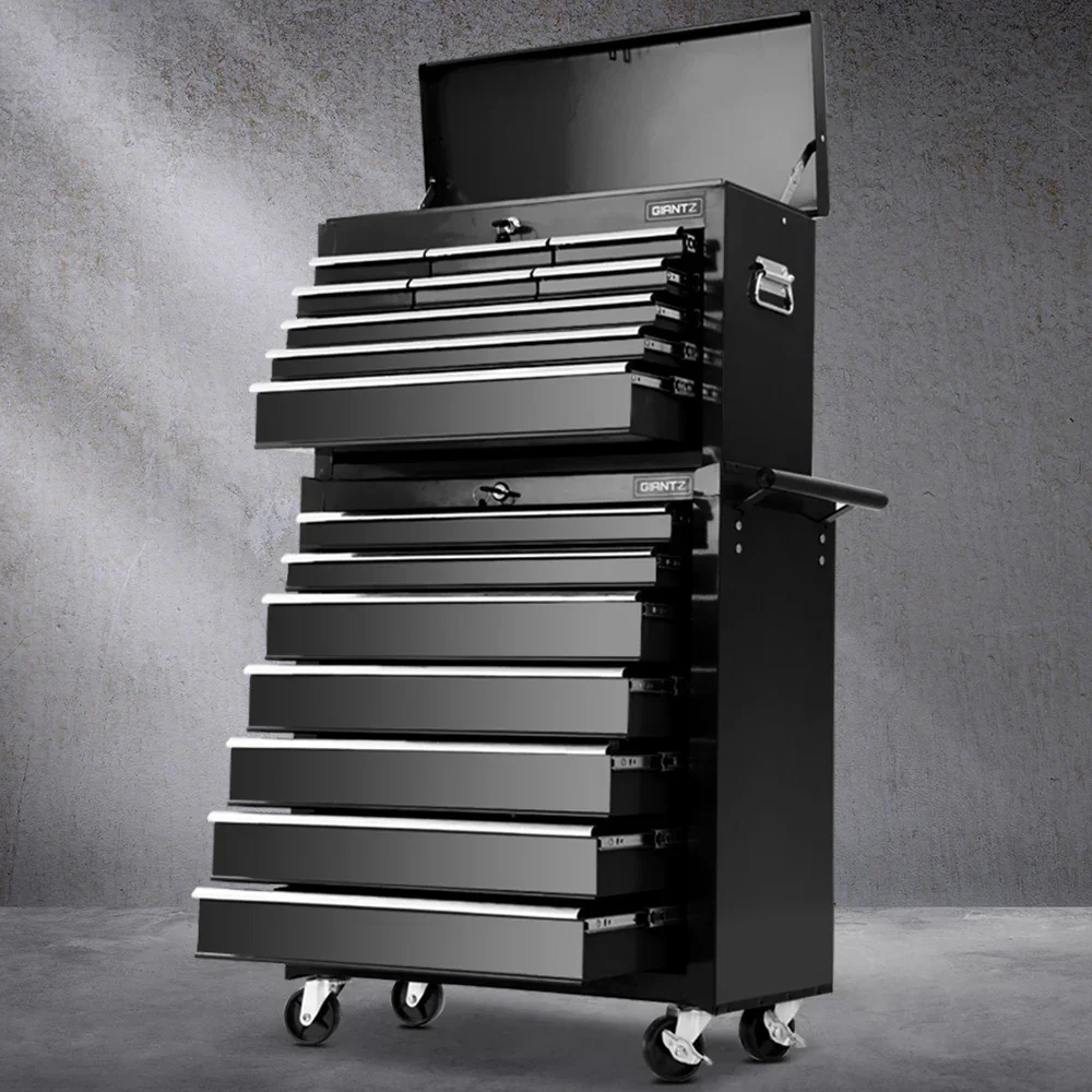 16 Drawer Tool Box Cabinet Chest Trolley Toolbox Garage Storage Black - Image 7