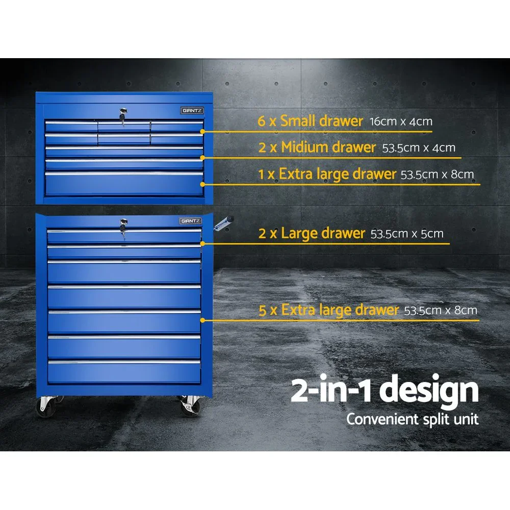 Tool Chest and Trolley Box Cabinet 16 Drawers Cart Garage Storage Blue - Image 3