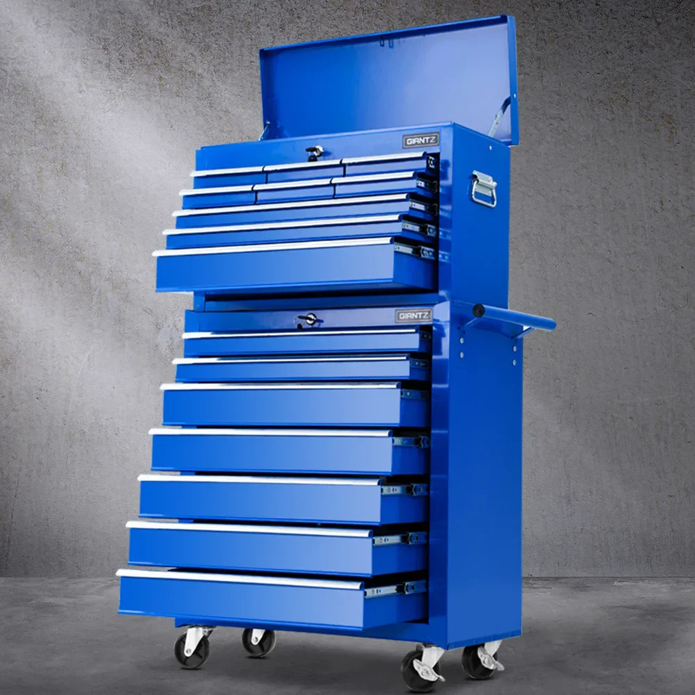 Tool Chest and Trolley Box Cabinet 16 Drawers Cart Garage Storage Blue - Image 7