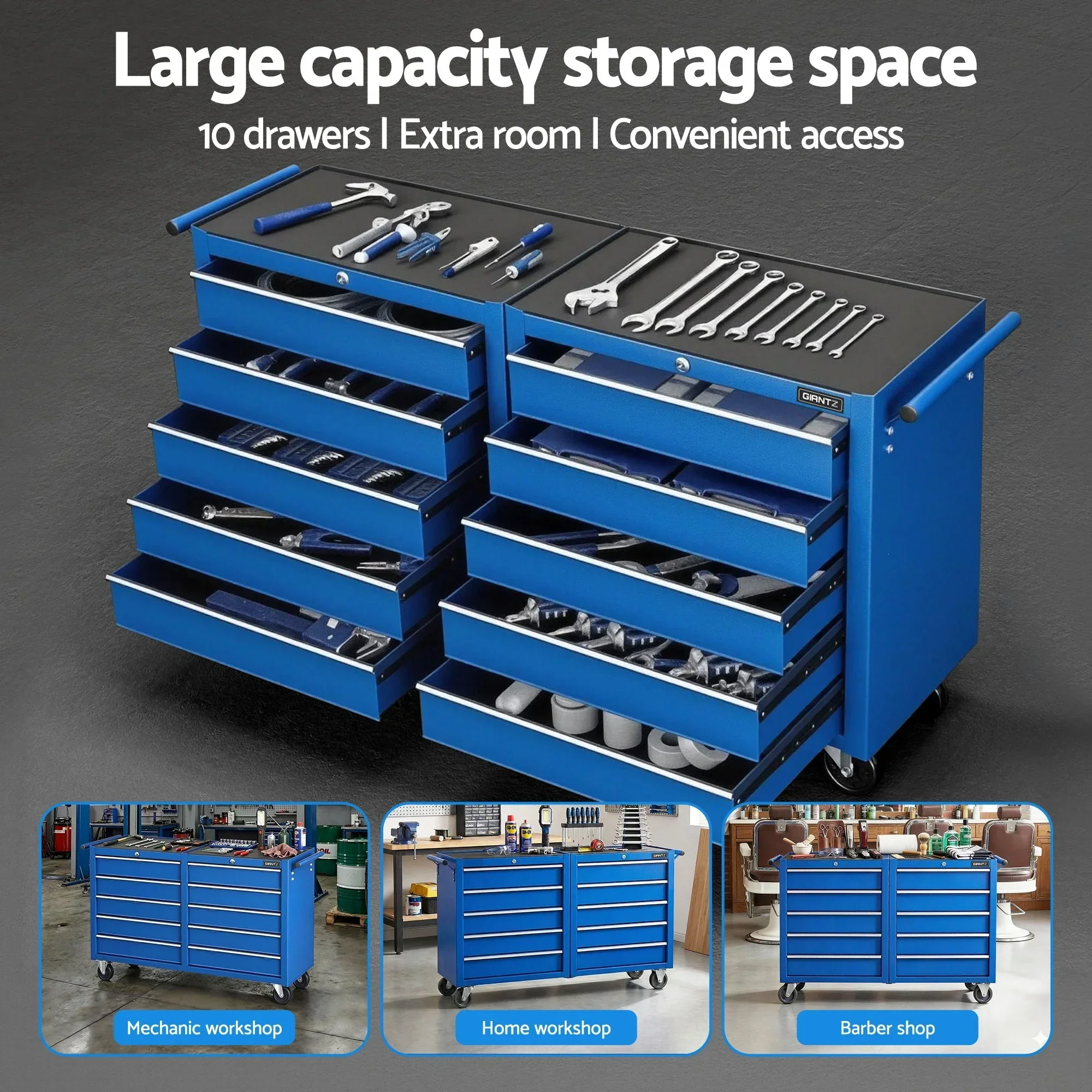 Tool Chest Trolley 10 Drawers Toolbox Storage Blue - Image 5
