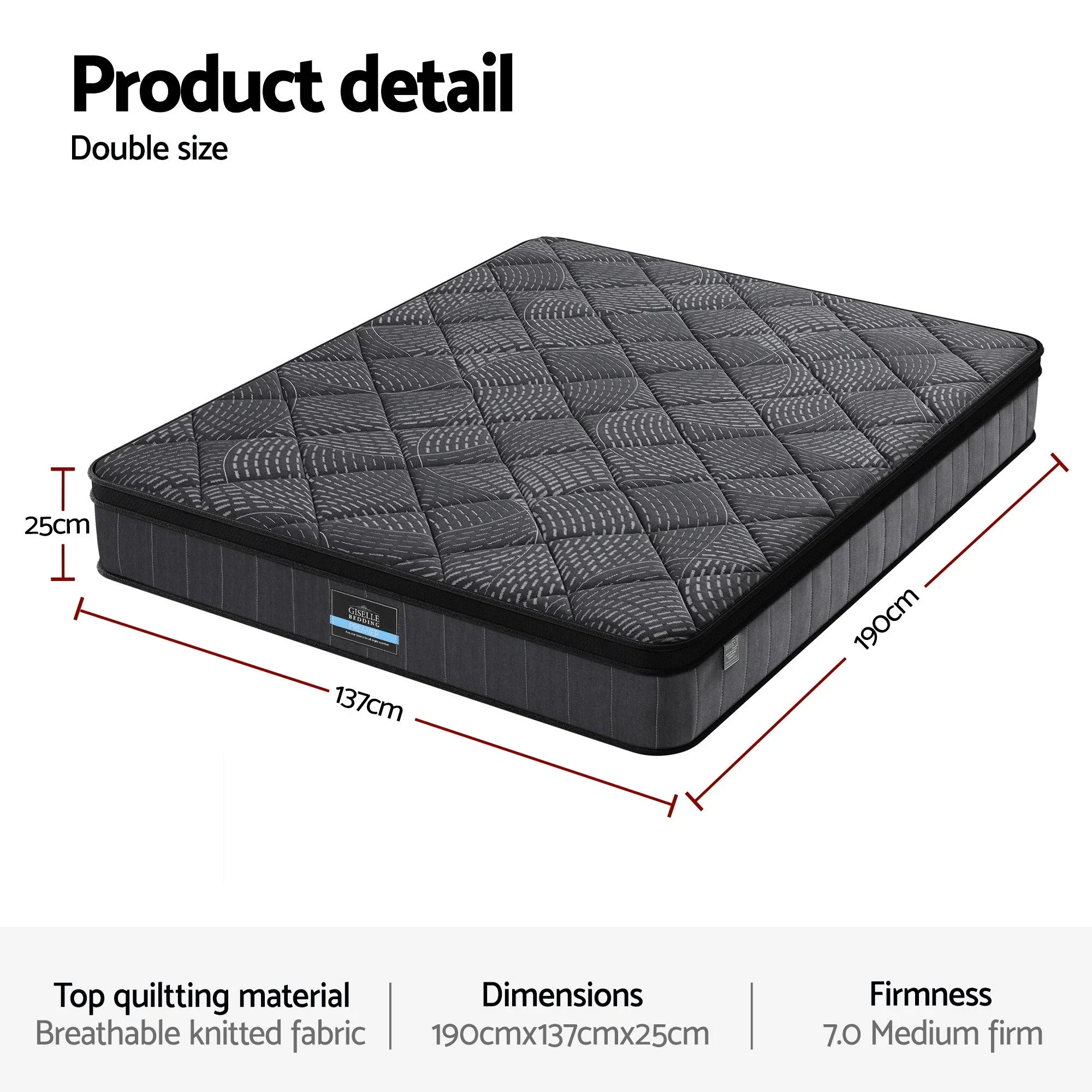 Double Mattress 25cm Pocket Spring Latex Euro Top Medium Firm Bed - Image 3