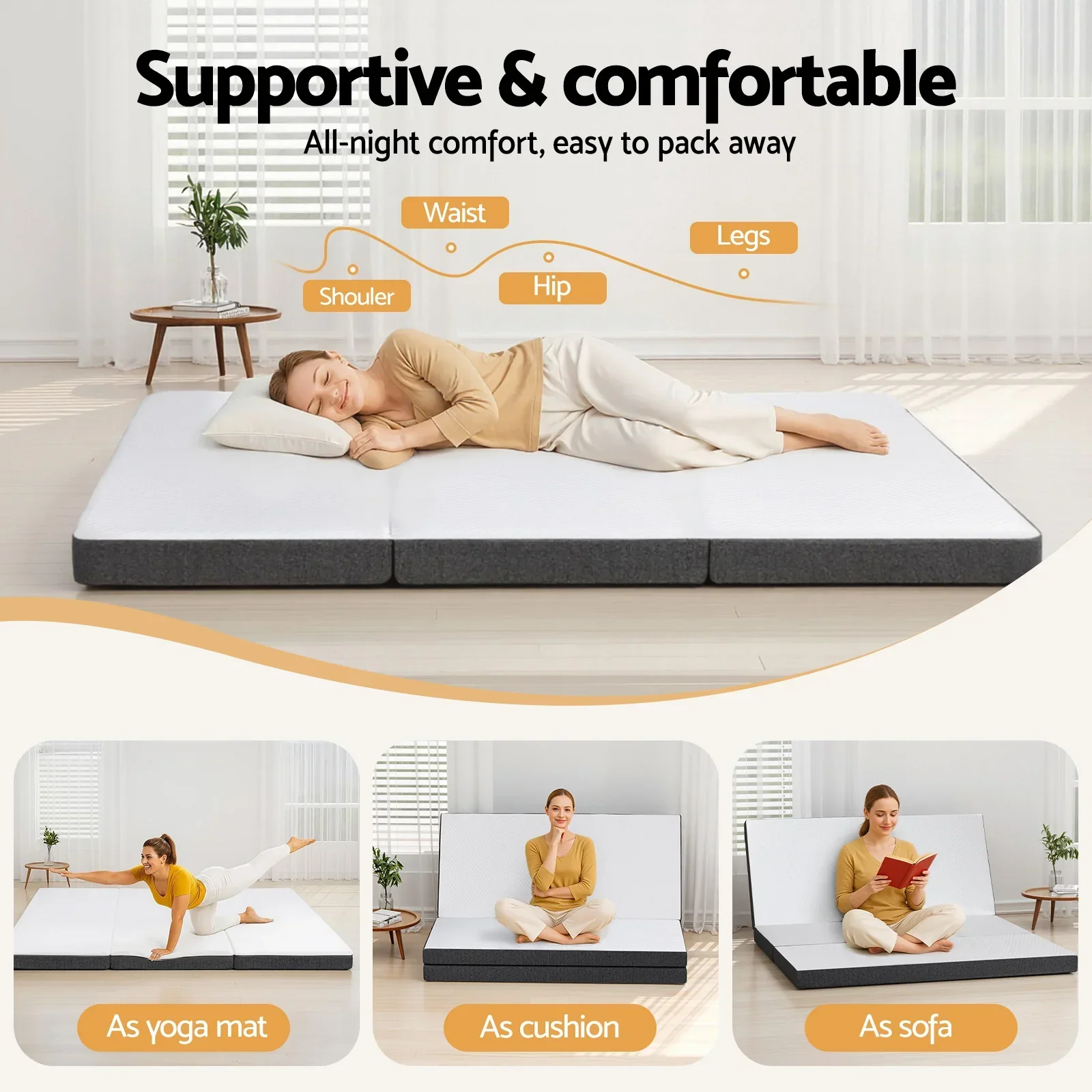 Foldable Mattress Folding Sofa Bed Tri-Fold Memory Foam Tencel Queen - Image 5