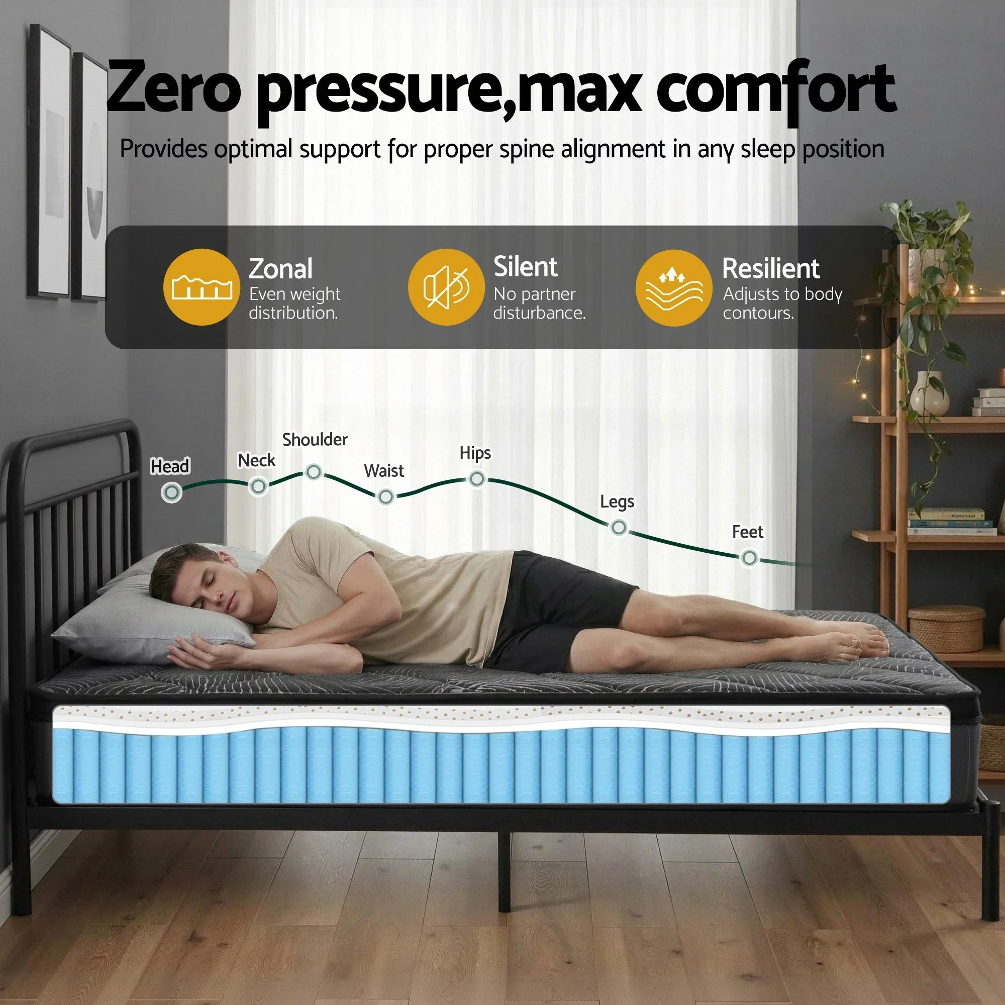 King Single Mattress 25cm Pocket Spring Latex Euro Top Medium Firm Bed - Image 9