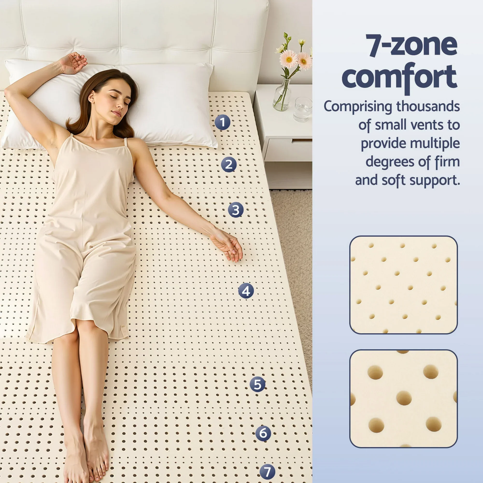 Latex Topper 100% Natural Latex Toppers 7-zone w/ Ice Silk Cool-touch Fabric Cooling Cover Queen 5cm - Image 5
