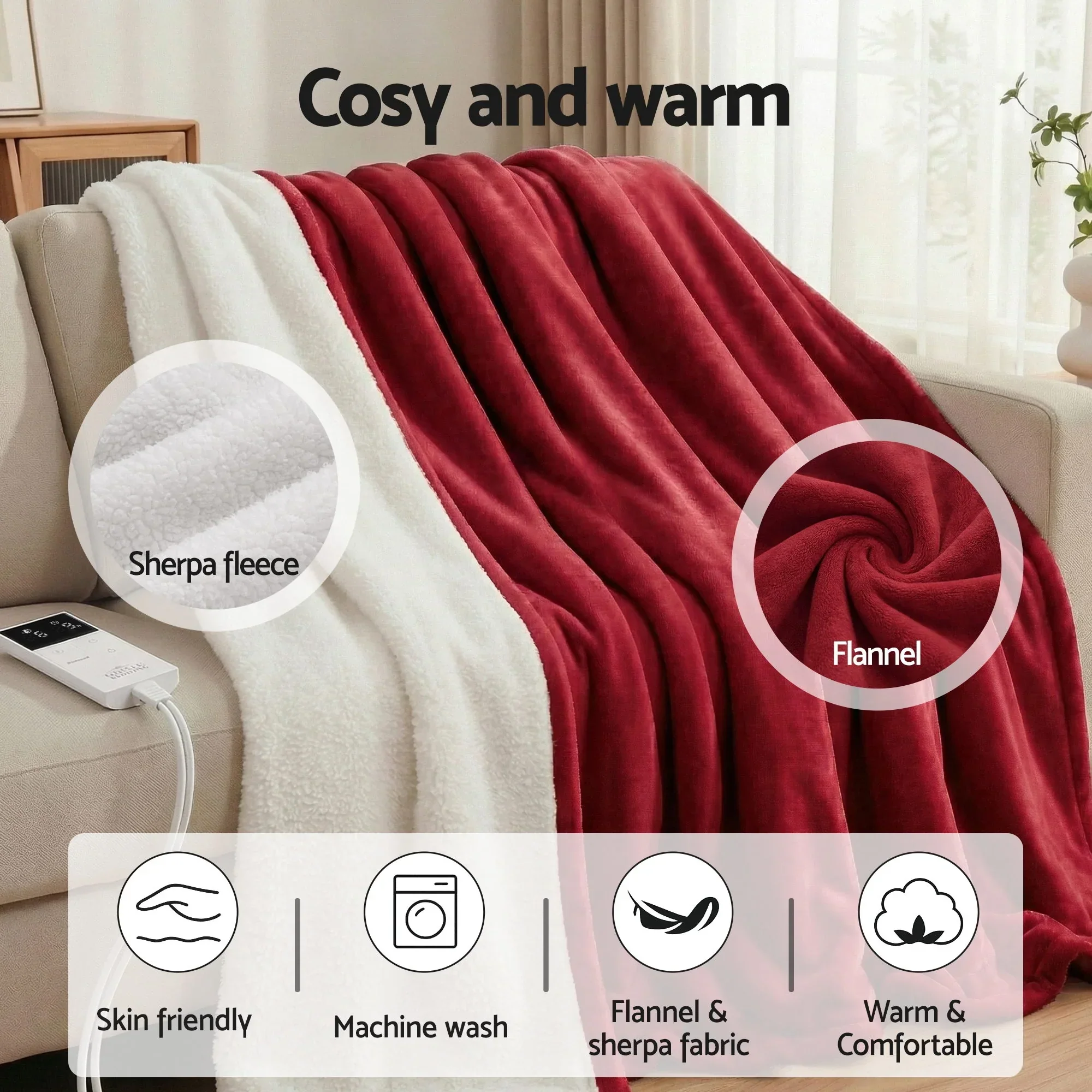 Electric Throw Rug Double Size 200x180cm Fleece Flannel Heated Blanket Burgundy - Image 6