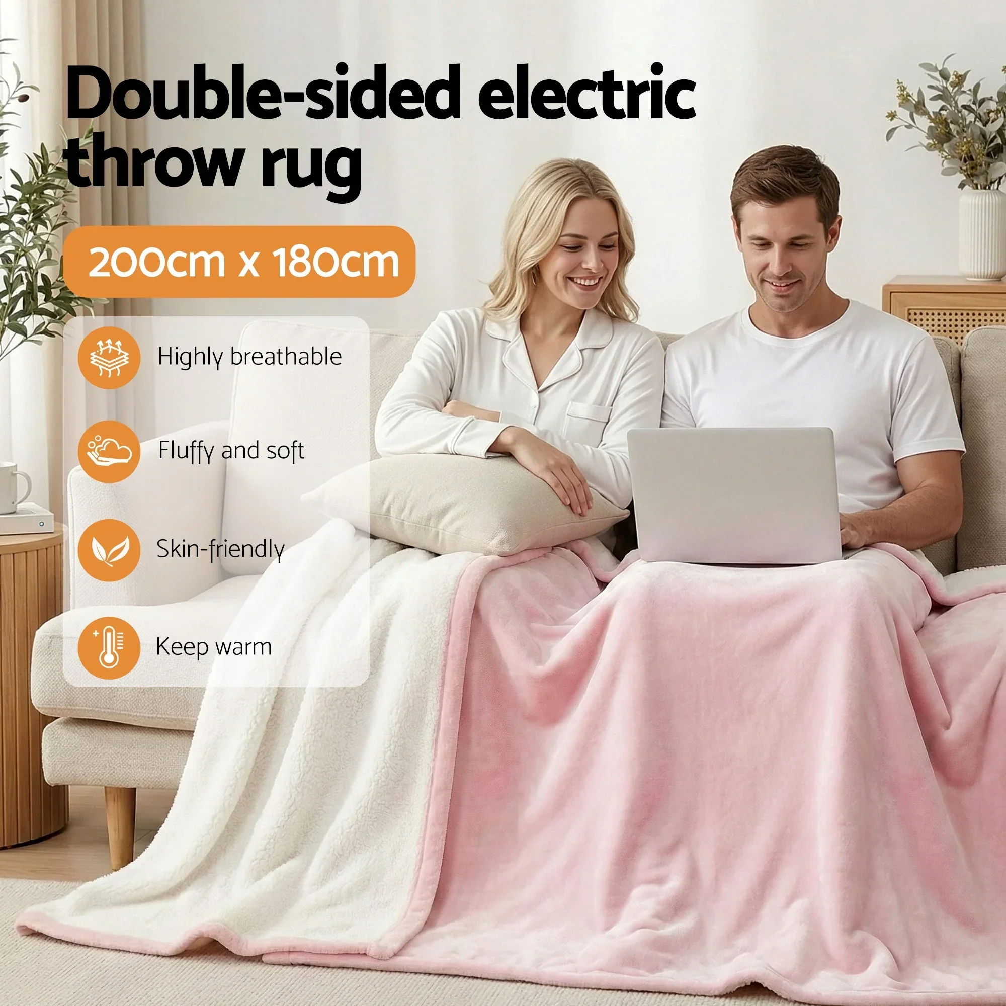 Electric Throw Rug Double Size 200x180cm Fleece Flannel Heated Blanket Pink - Image 2