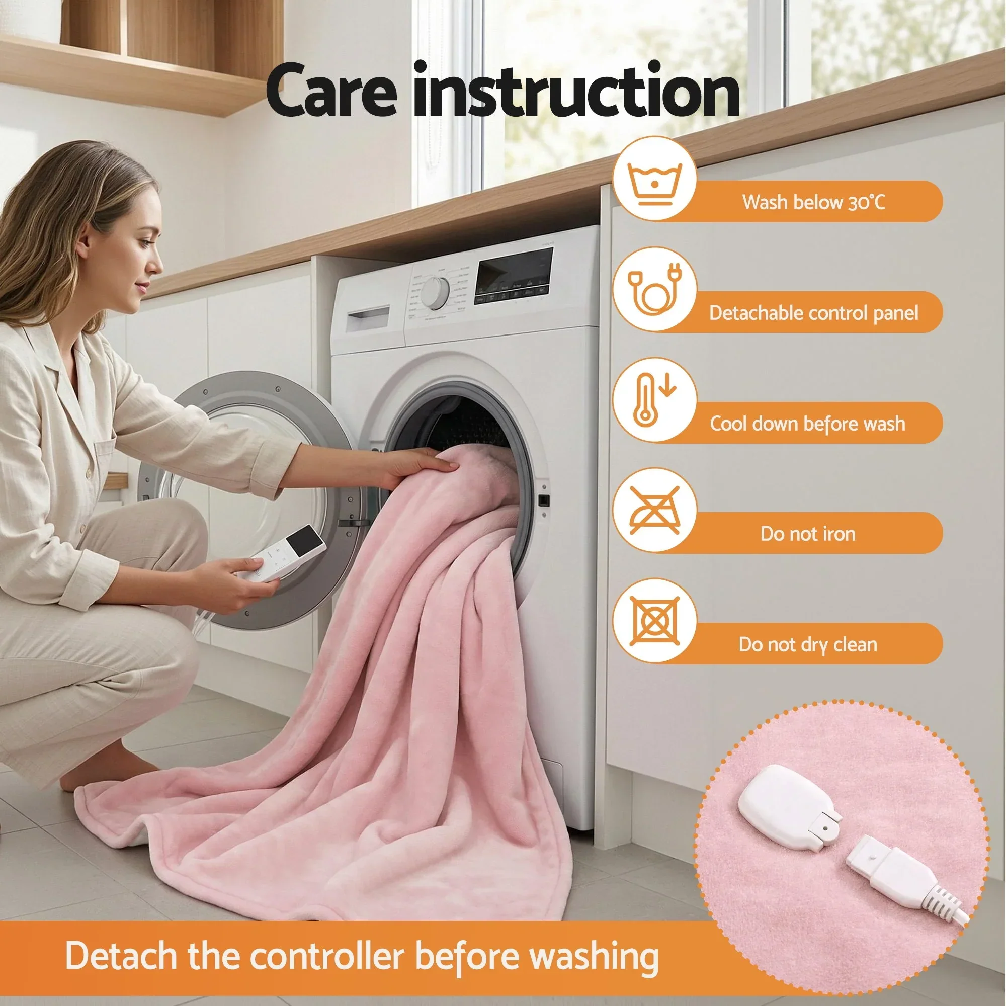 Electric Throw Rug Double Size 200x180cm Fleece Flannel Heated Blanket Pink - Image 8