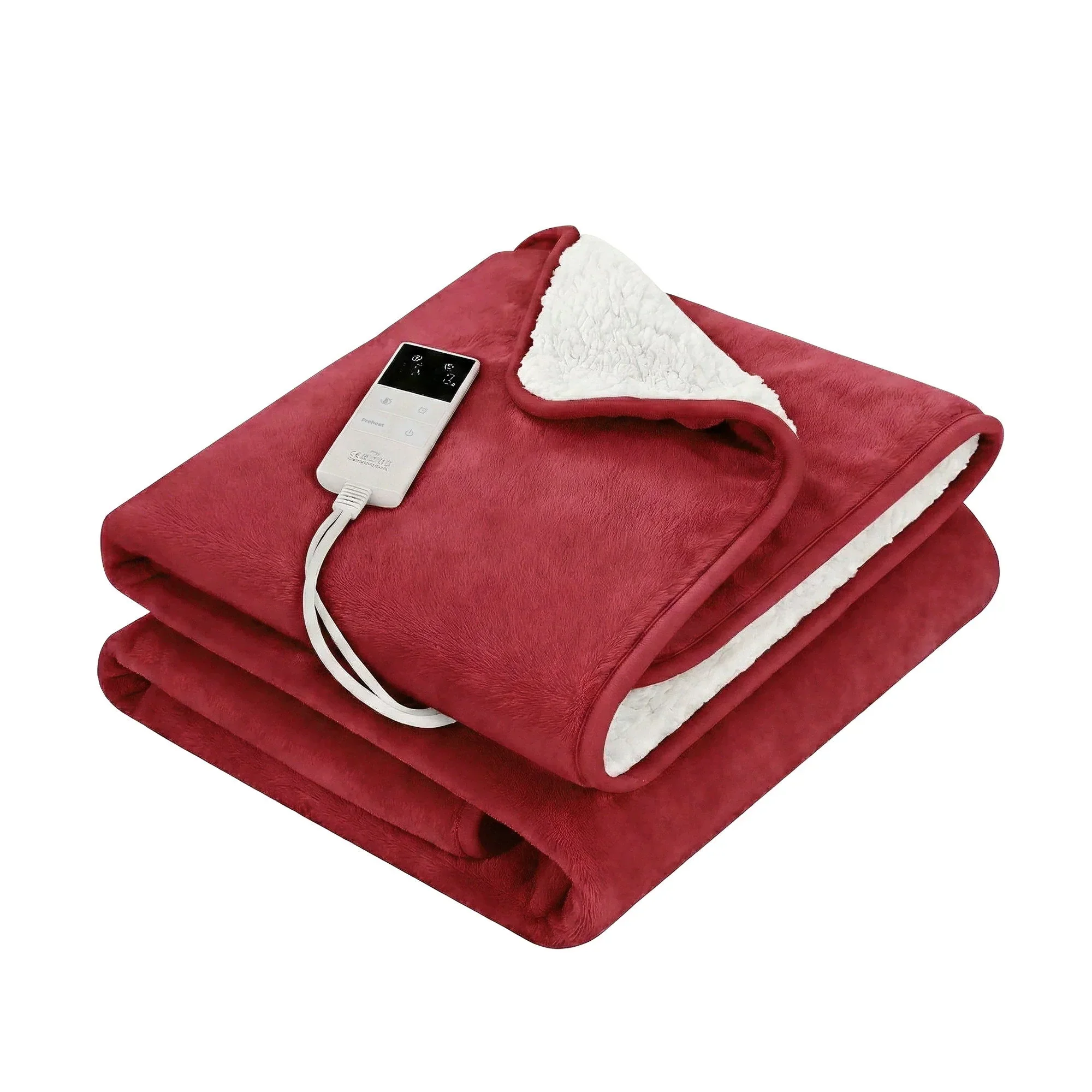Electric Throw Rug Dual Side Fleece Flannel Heated Blanket Burgundy - Image 2
