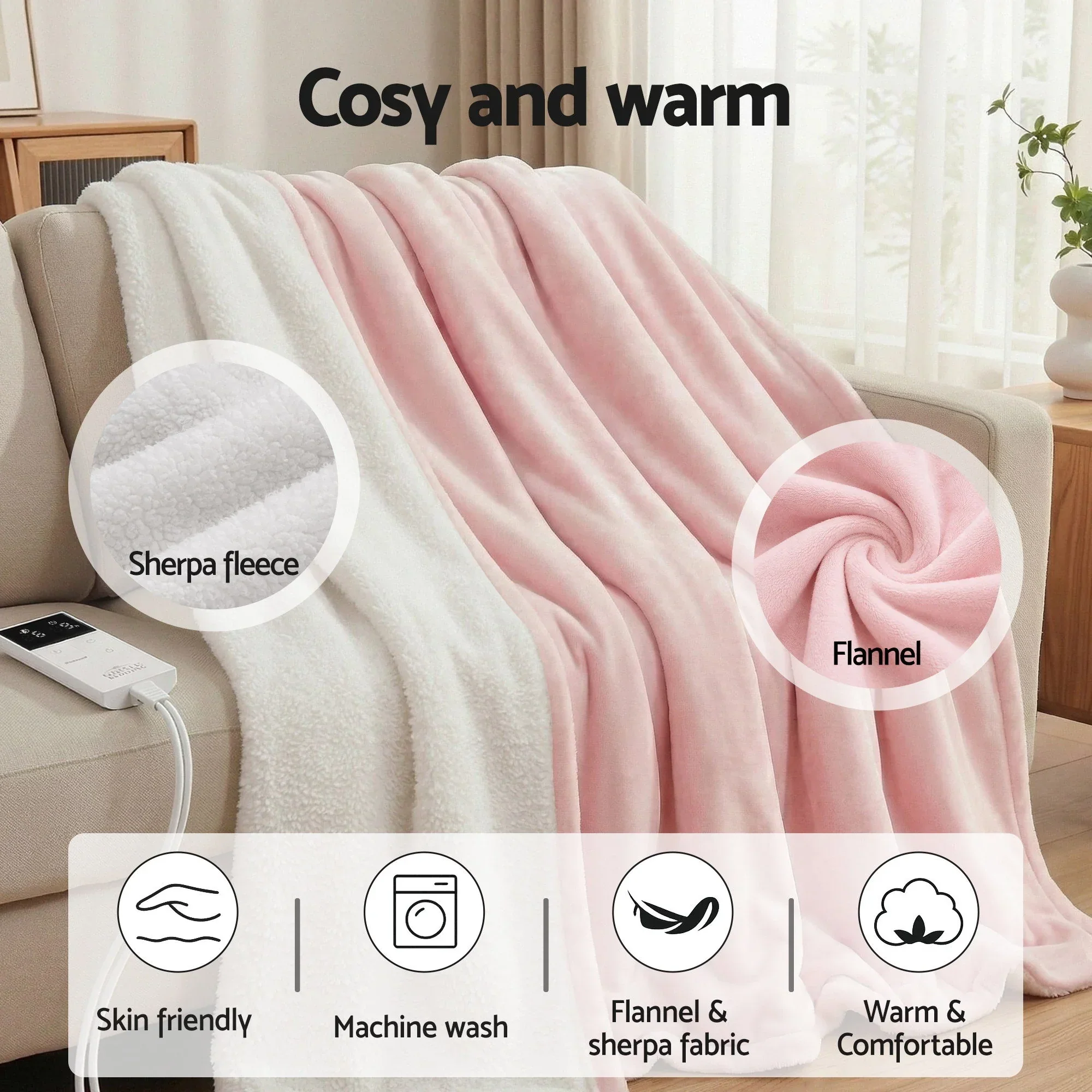 Electric Throw Rug Dual Side Fleece Flannel Heated Blanket Pink - Image 9
