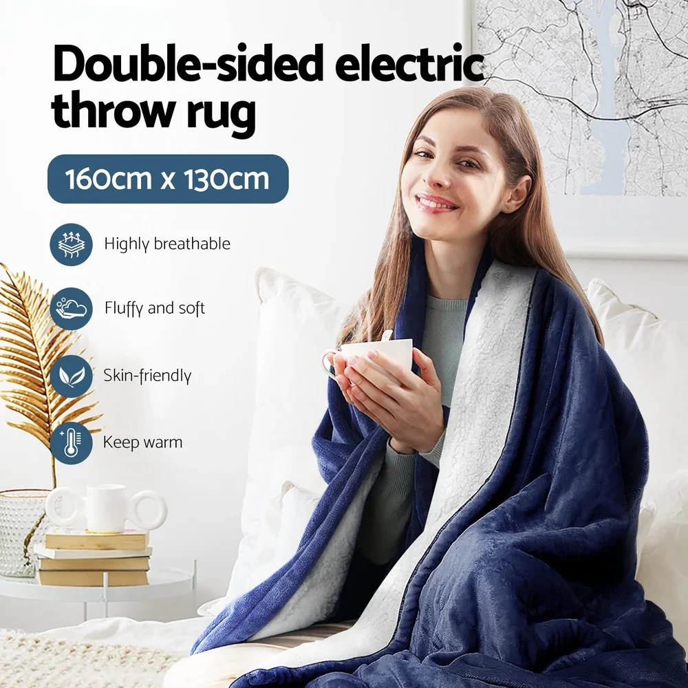 Electric Throw Rug Heated Blanket Washable Snuggle Flannel Winter Navy - Image 4