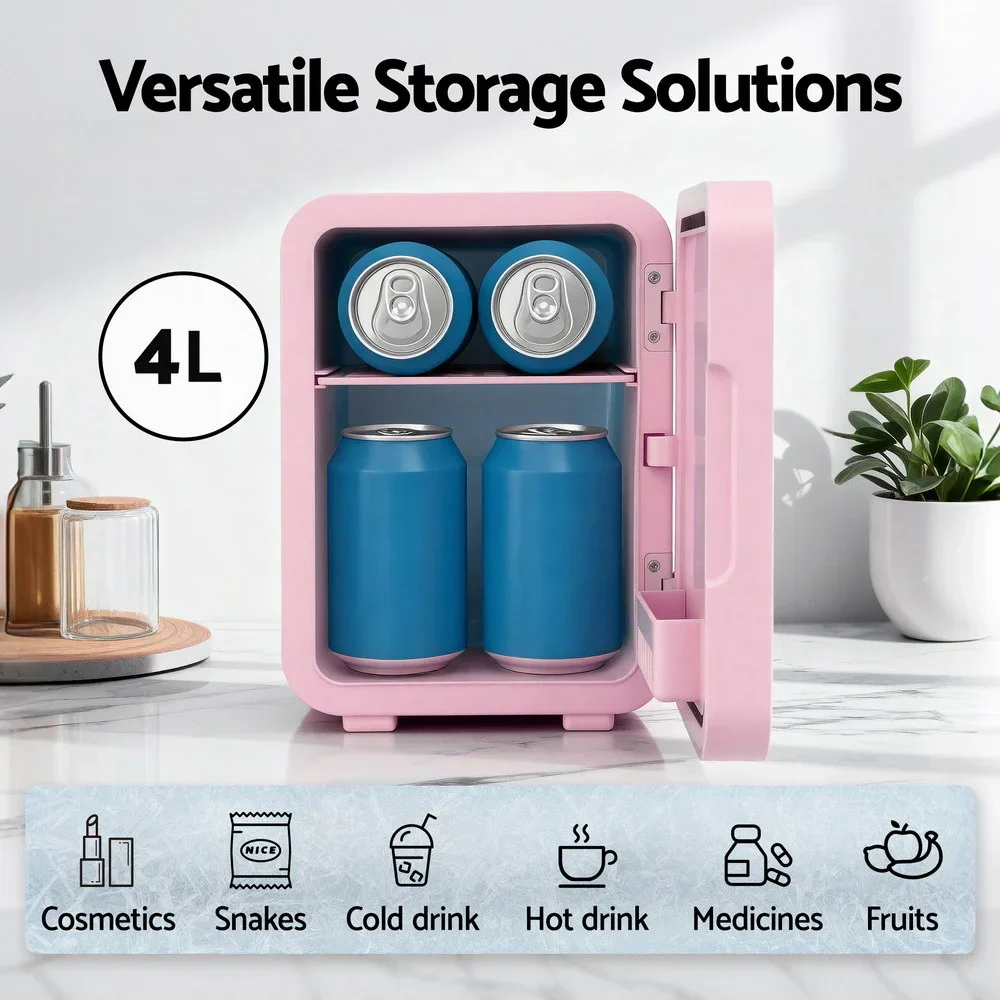 Mini Fridge Skincare Beauty Cooler Warmer LED Mirror 12V 220V Pink 4L - Image 2