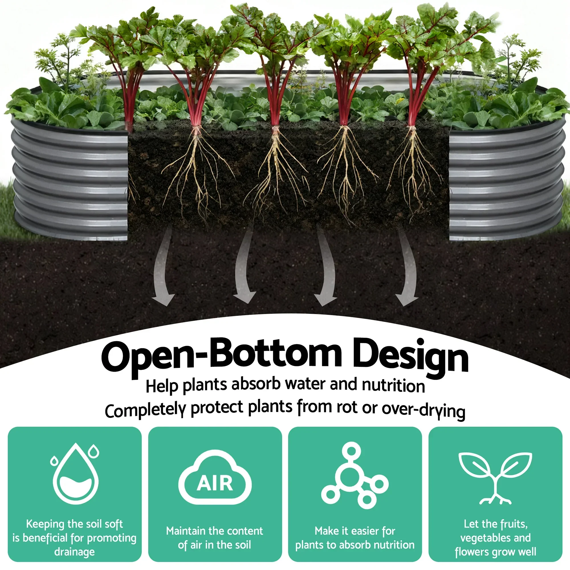 4 Pcs Raised Garden Bed Kit Oval Galvanized Steel Planter Boxes 240x80x56cm, Heavy Duty Metal Elevated Garden Bed for Vegetables Flowers Herbs, with Safety Edging, Gloves & Pegs Included - Image 3
