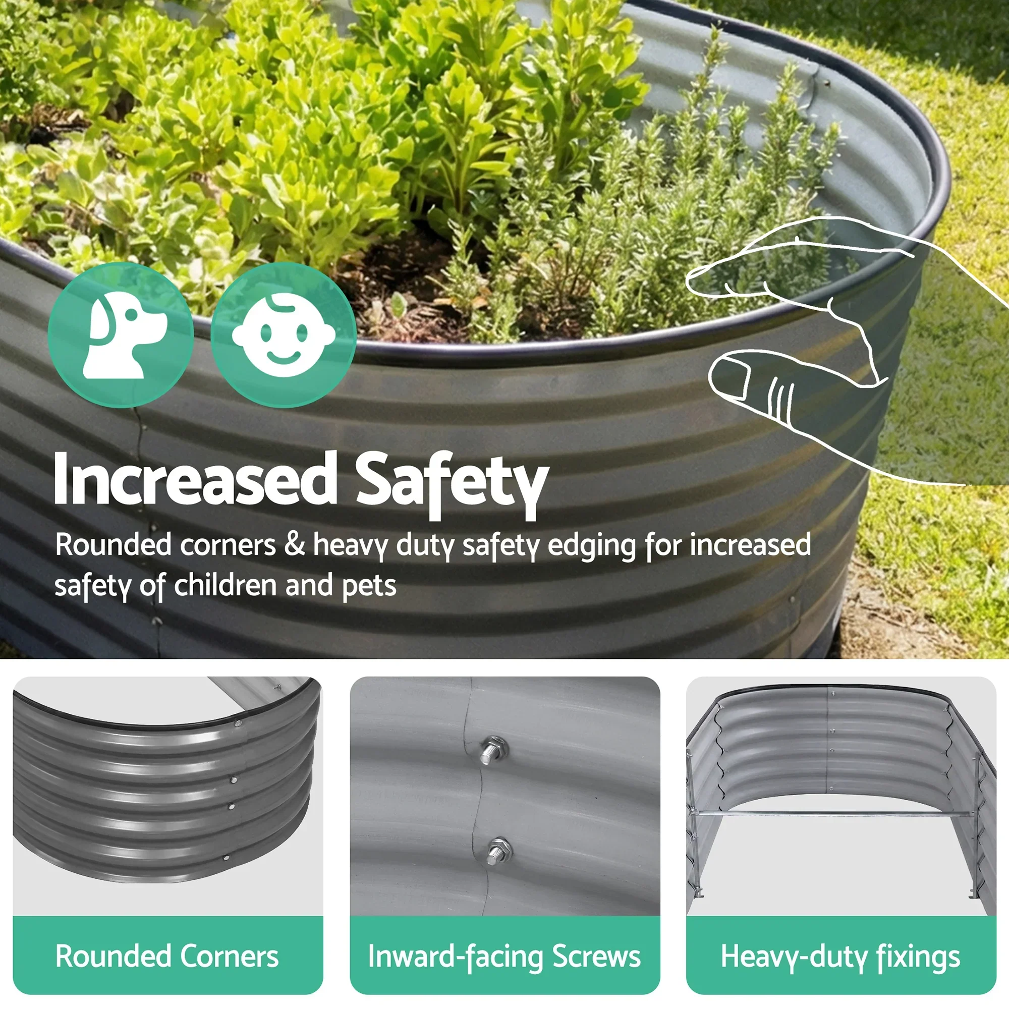 4 Pcs Raised Garden Bed Kit Oval Galvanized Steel Planter Boxes 240x80x56cm, Heavy Duty Metal Elevated Garden Bed for Vegetables Flowers Herbs, with Safety Edging, Gloves & Pegs Included - Image 4