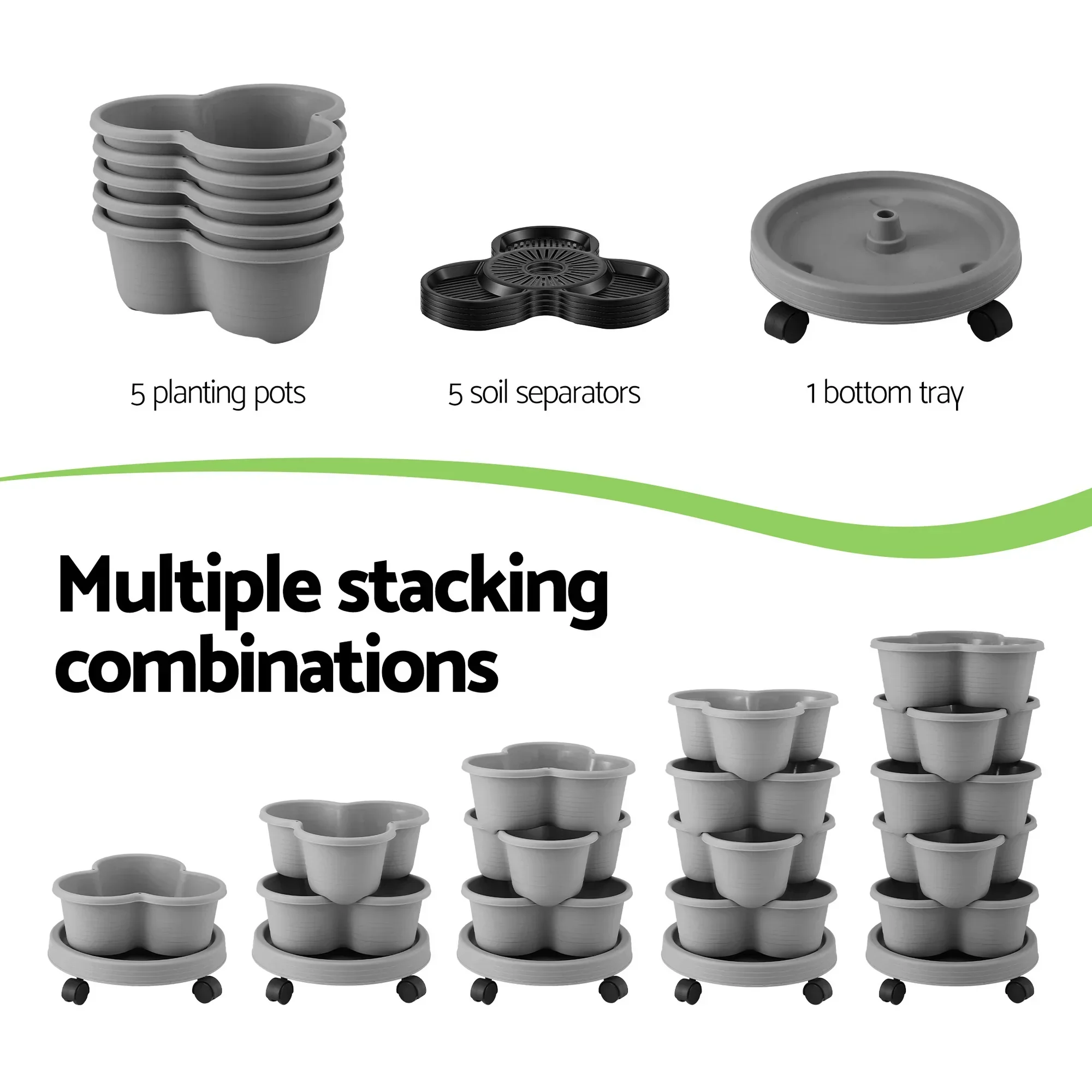 5 Tier Vertical Garden Planter, Stackable Planters with 4 Wheels, Grey, Raised Garden Bed, Garden Tower Indoor Outdoor, Auto Drainage System, for Strawberries, Herbs, Flower, Vegetables - Image 6