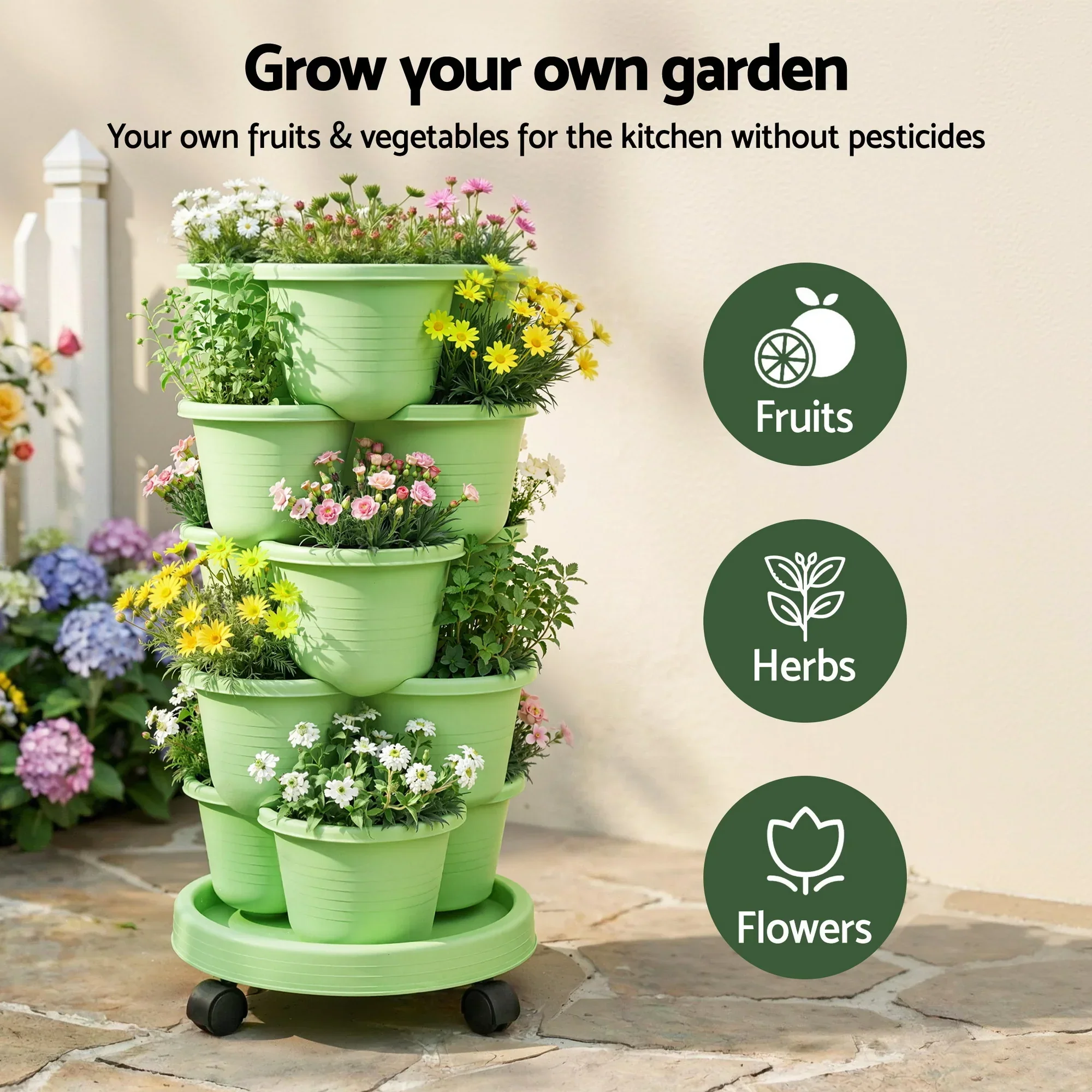 5 Tier Vertical Garden Planter, Stackable Planters with Wheels, Light Green, Garden Bed, Garden Tower Indoor Outdoor, Auto Drainage System, for Strawberries, Herbs, Flowers, Vegetables - Image 2
