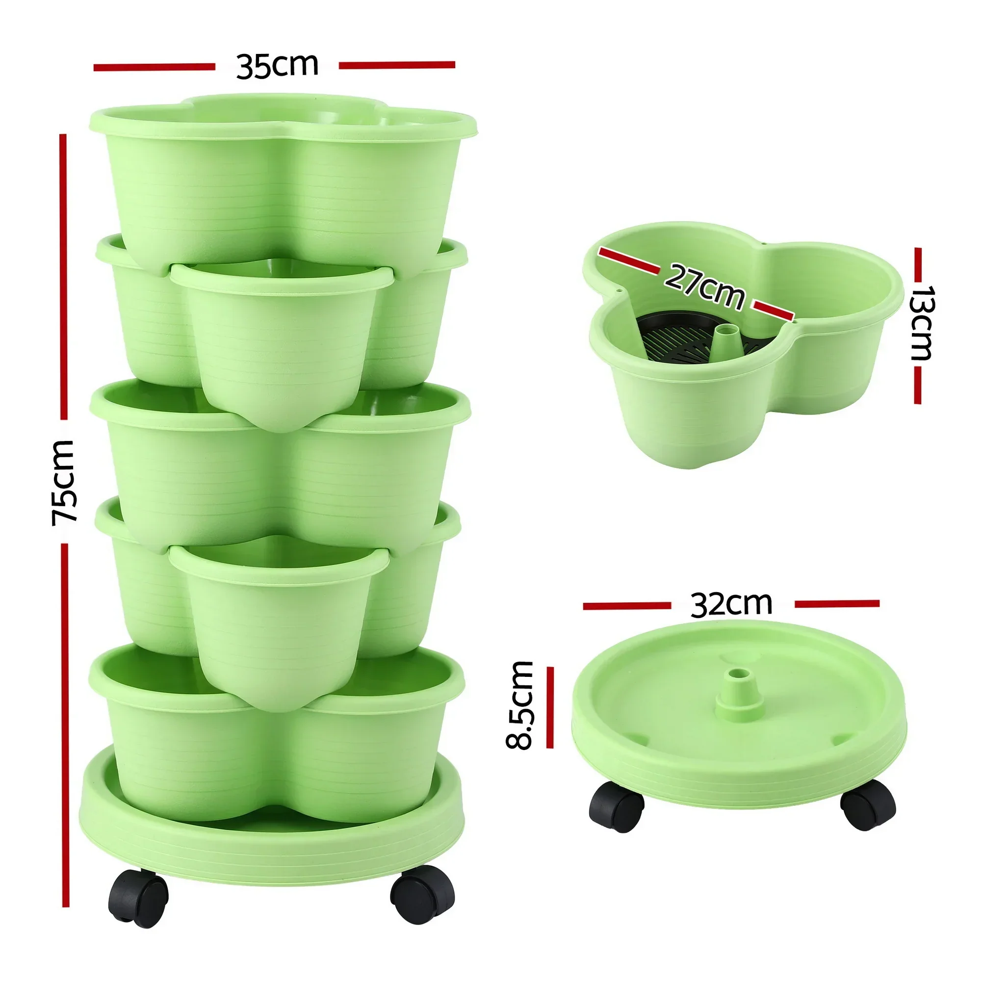 5 Tier Vertical Garden Planter, Stackable Planters with Wheels, Light Green, Garden Bed, Garden Tower Indoor Outdoor, Auto Drainage System, for Strawberries, Herbs, Flowers, Vegetables - Image 9