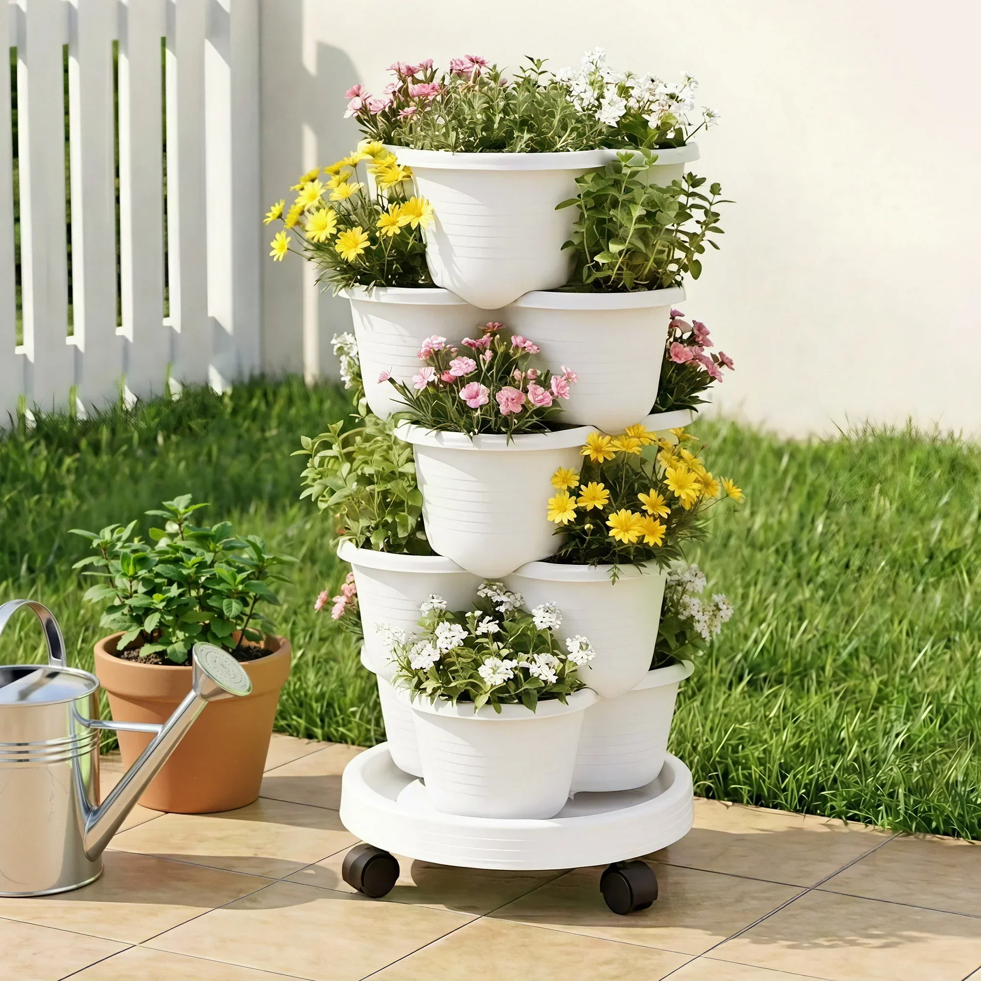 5 Tier Vertical Garden Planter, Stackable Planters with Wheels, White, Garden Bed, Garden Tower Indoor Outdoor, Auto Drainage System, for Strawberries, Herbs, Flowers, Vegetables