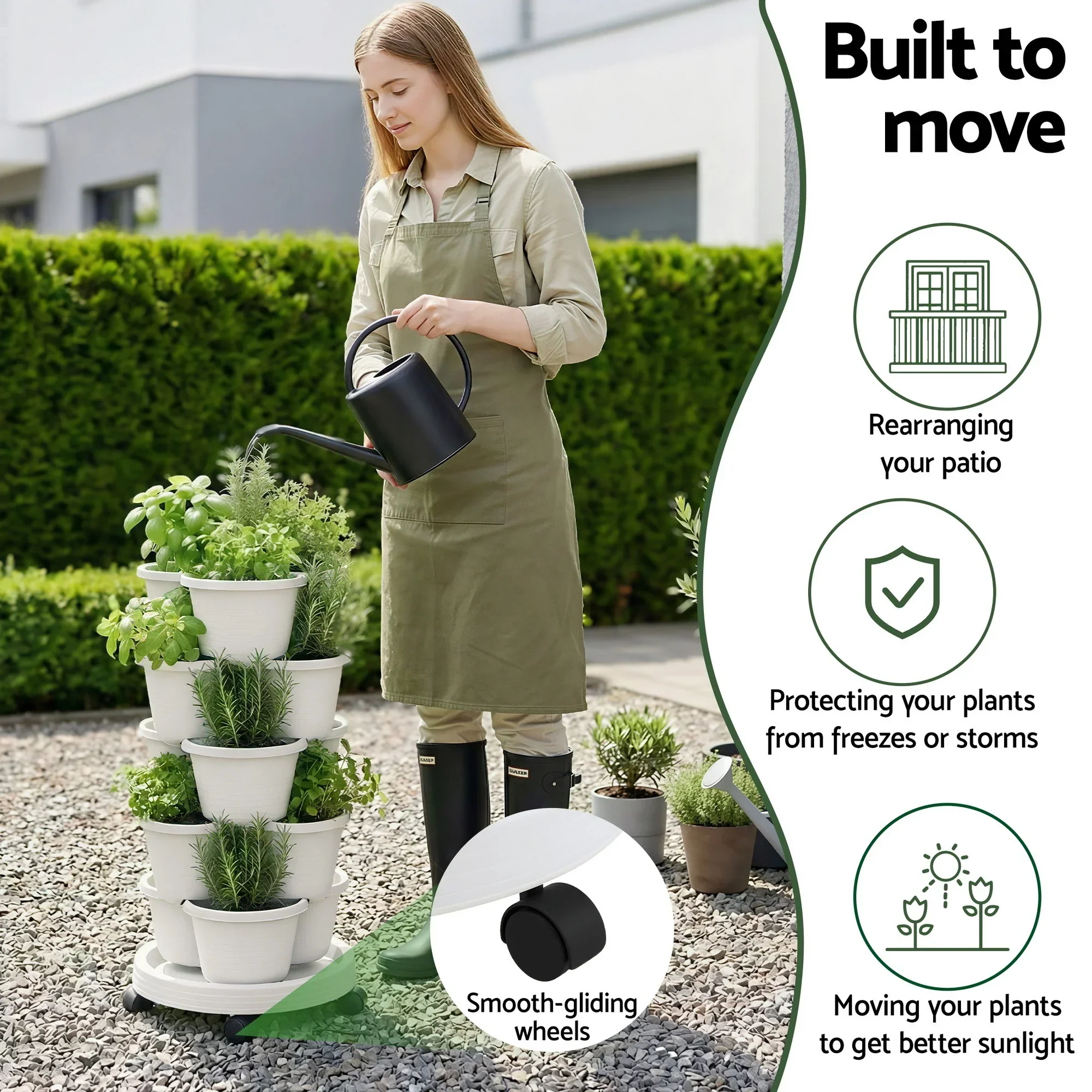 5 Tier Vertical Garden Planter, Stackable Planters with Wheels, White, Garden Bed, Garden Tower Indoor Outdoor, Auto Drainage System, for Strawberries, Herbs, Flowers, Vegetables - Image 3