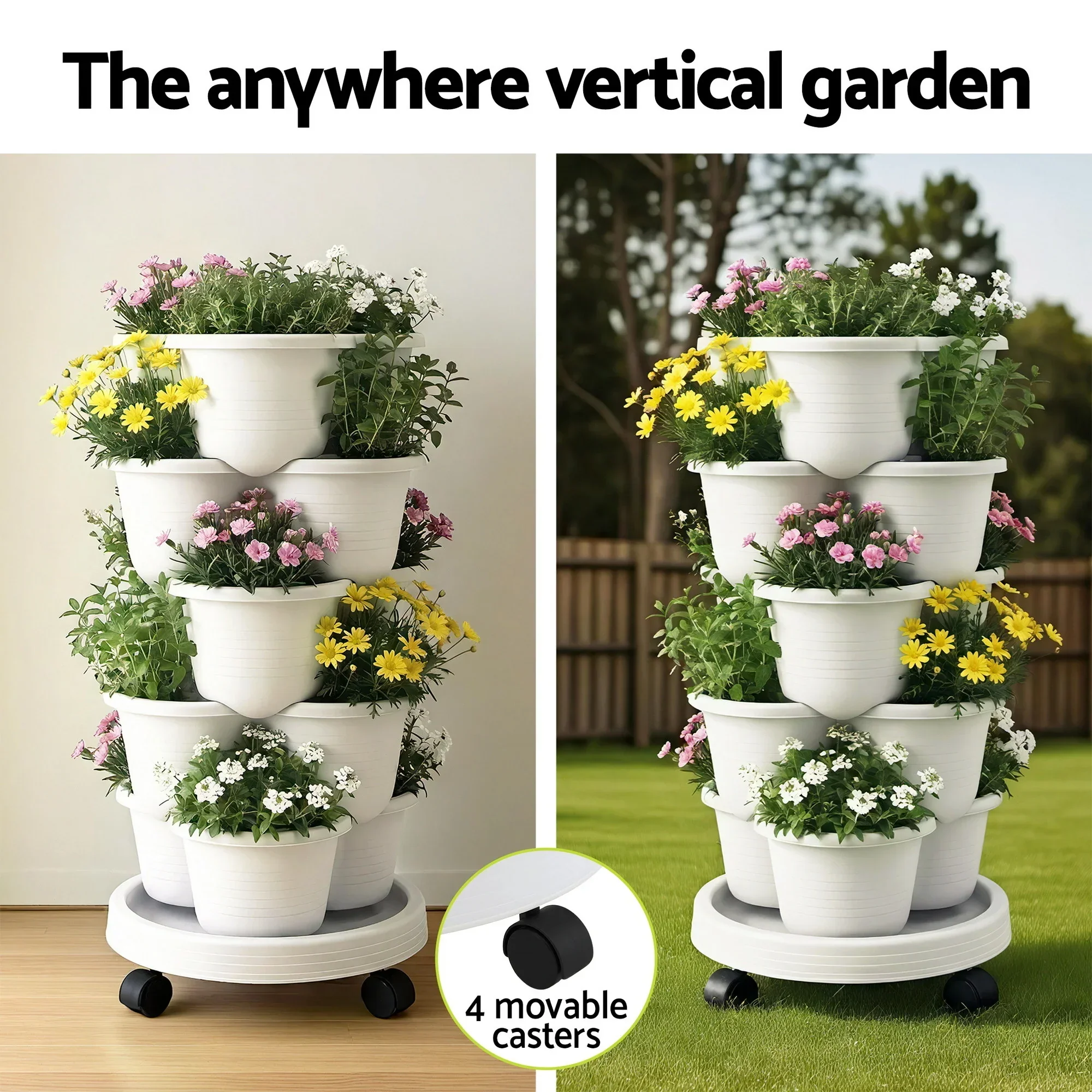 5 Tier Vertical Garden Planter, Stackable Planters with Wheels, White, Garden Bed, Garden Tower Indoor Outdoor, Auto Drainage System, for Strawberries, Herbs, Flowers, Vegetables - Image 4