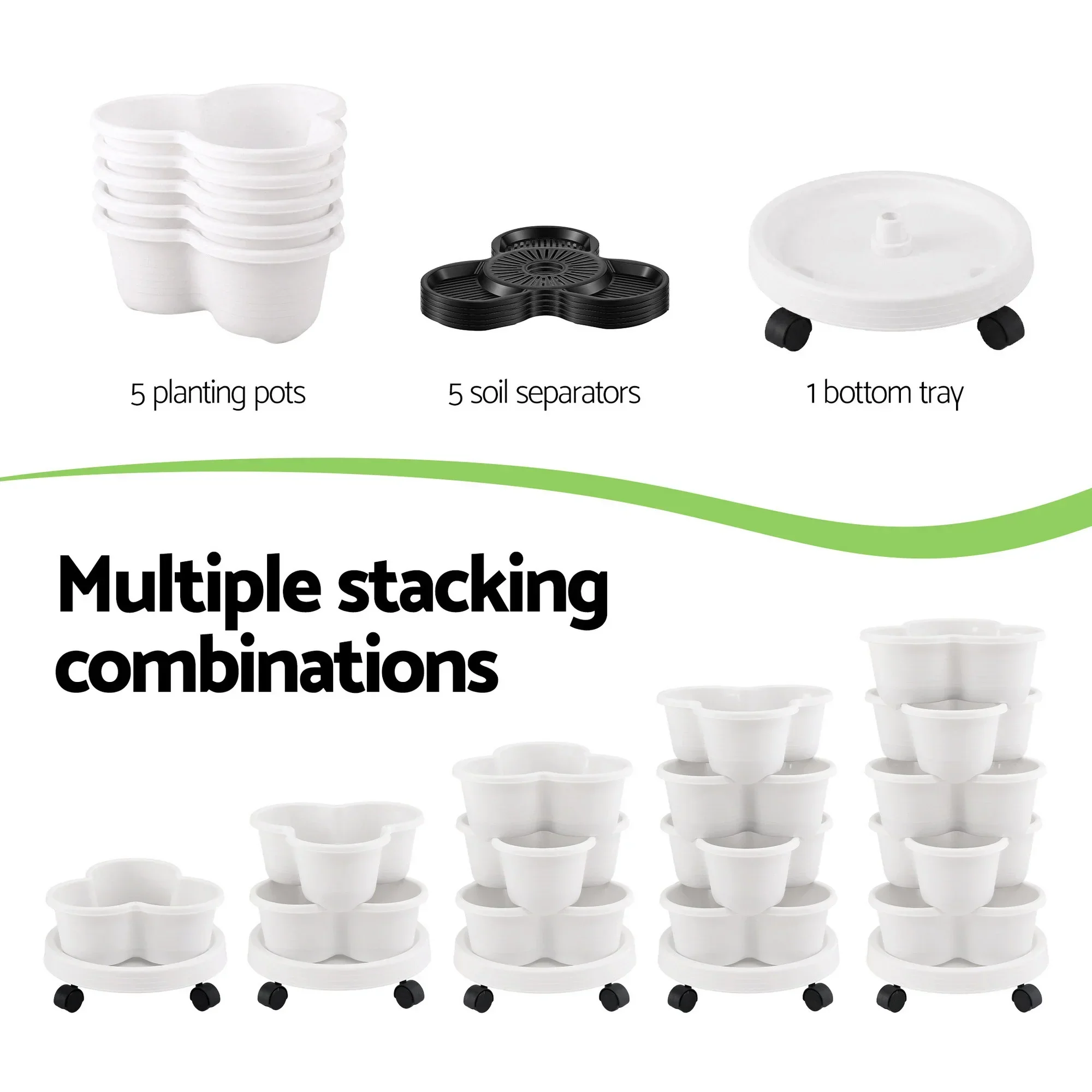 5 Tier Vertical Garden Planter, Stackable Planters with Wheels, White, Garden Bed, Garden Tower Indoor Outdoor, Auto Drainage System, for Strawberries, Herbs, Flowers, Vegetables - Image 6