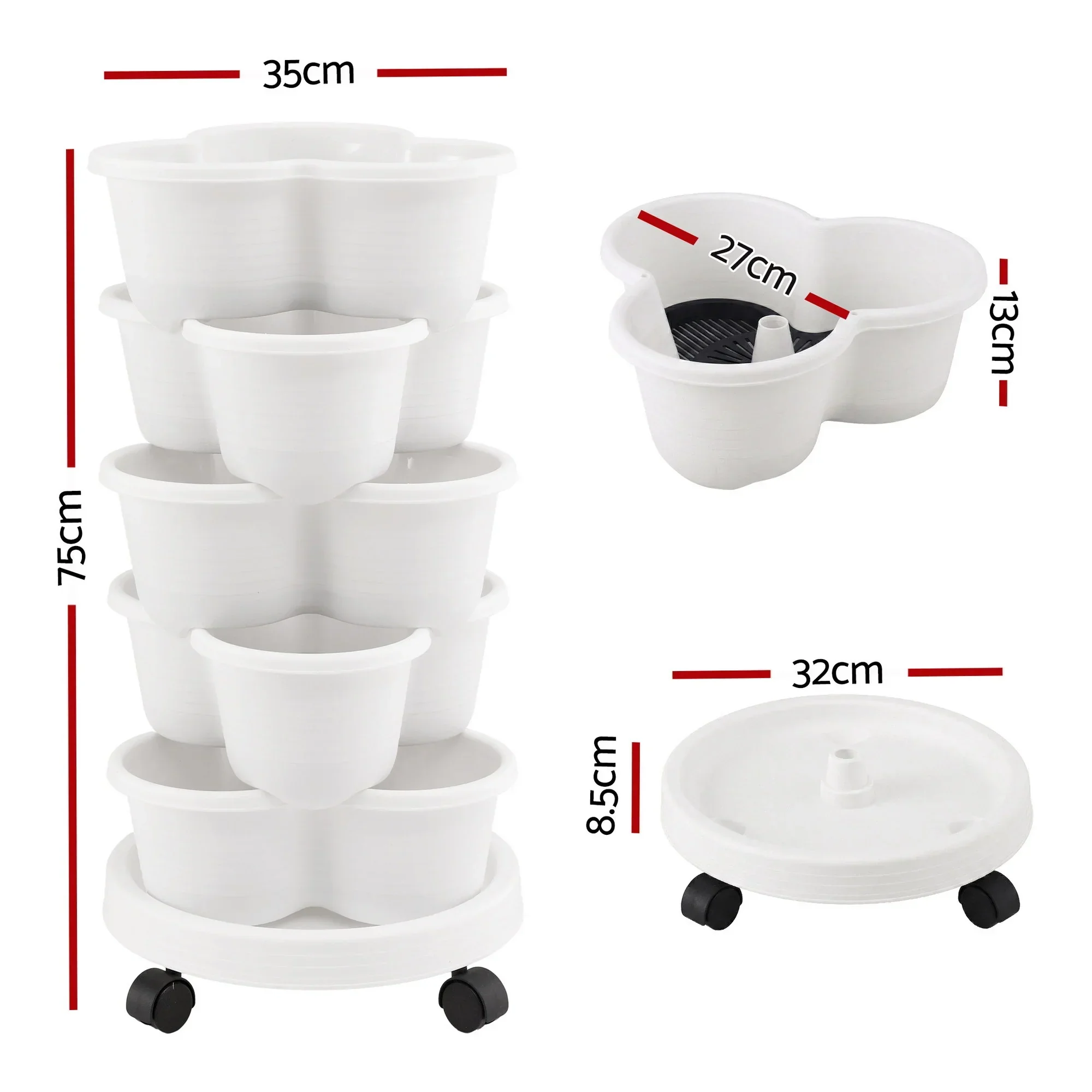 5 Tier Vertical Garden Planter, Stackable Planters with Wheels, White, Garden Bed, Garden Tower Indoor Outdoor, Auto Drainage System, for Strawberries, Herbs, Flowers, Vegetables - Image 8