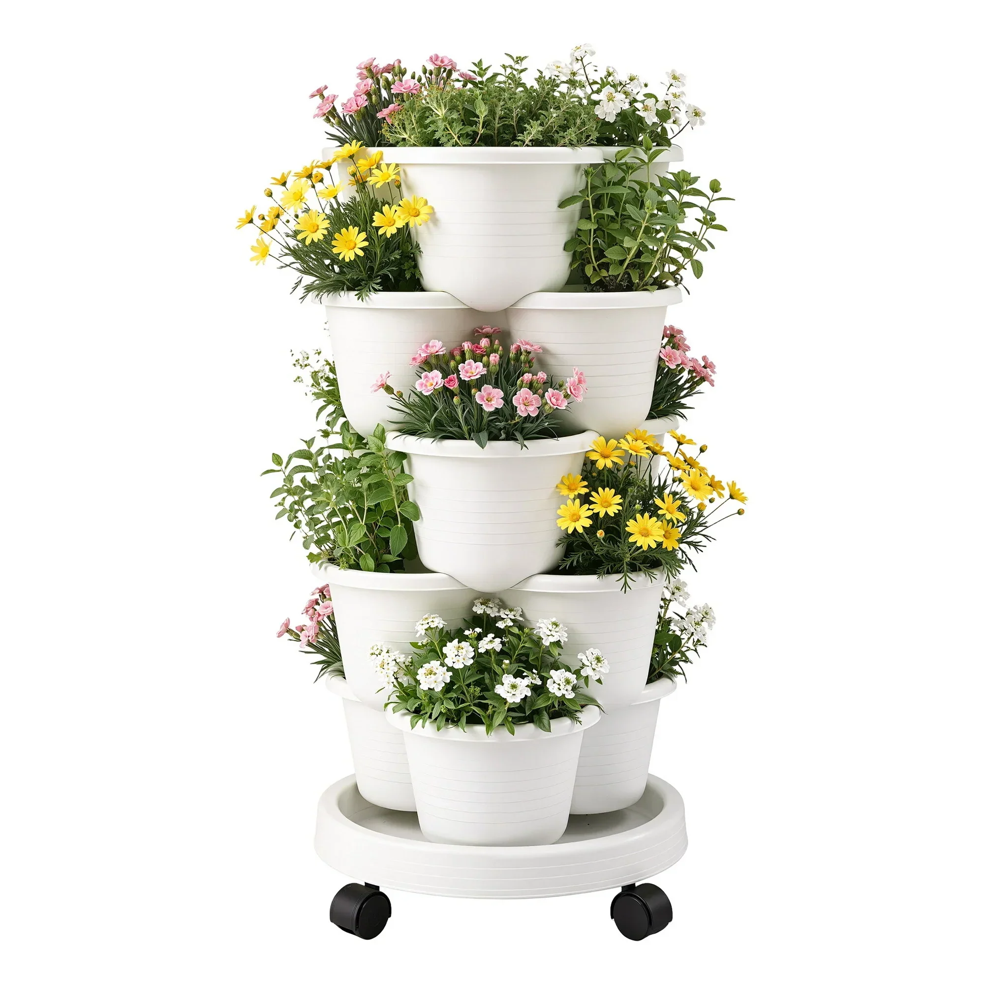 5 Tier Vertical Garden Planter, Stackable Planters with Wheels, White, Garden Bed, Garden Tower Indoor Outdoor, Auto Drainage System, for Strawberries, Herbs, Flowers, Vegetables - Image 9