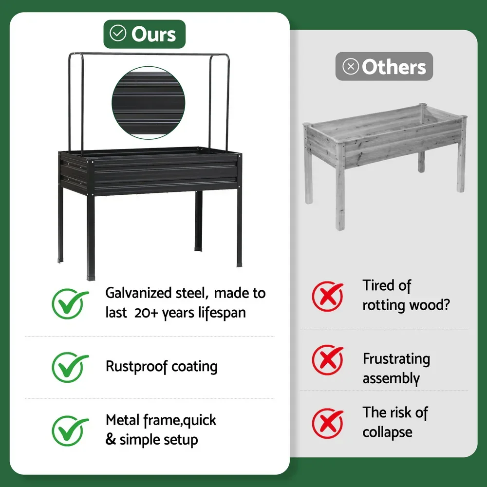 Elevated Metal Garden Bed Kit w Mini Greenhouse Cover 116x60cm Stand-Up Height Trellis - Image 2